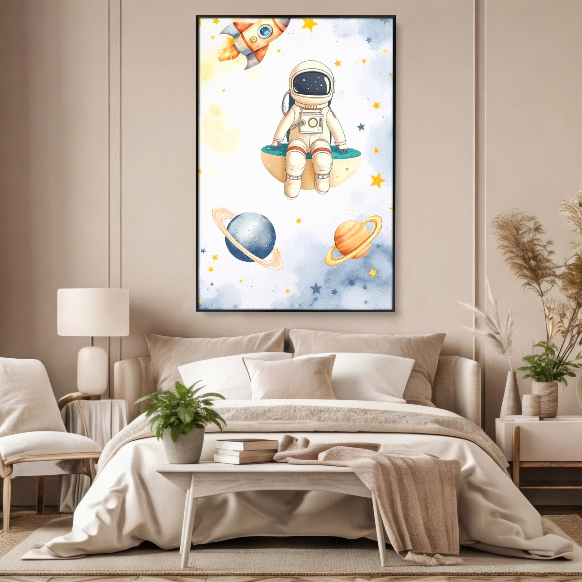 Tablou Canvas Premium LuxCanva® PI1367, Astronaut In Spatiu, Calatorie, Spatiu, Planete, Copii, Culori Vibrante, Dormitor, Camera Copii