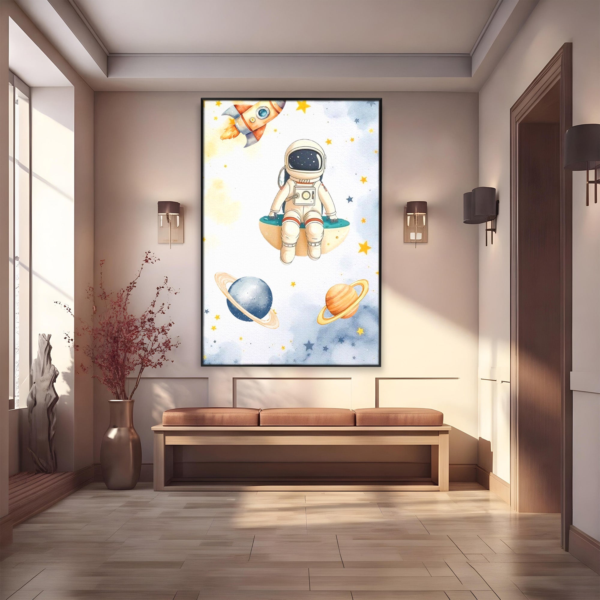 Tablou Canvas Premium LuxCanva® PI1367, Astronaut In Spatiu, Calatorie, Spatiu, Planete, Copii, Culori Vibrante, Dormitor, Camera Copii