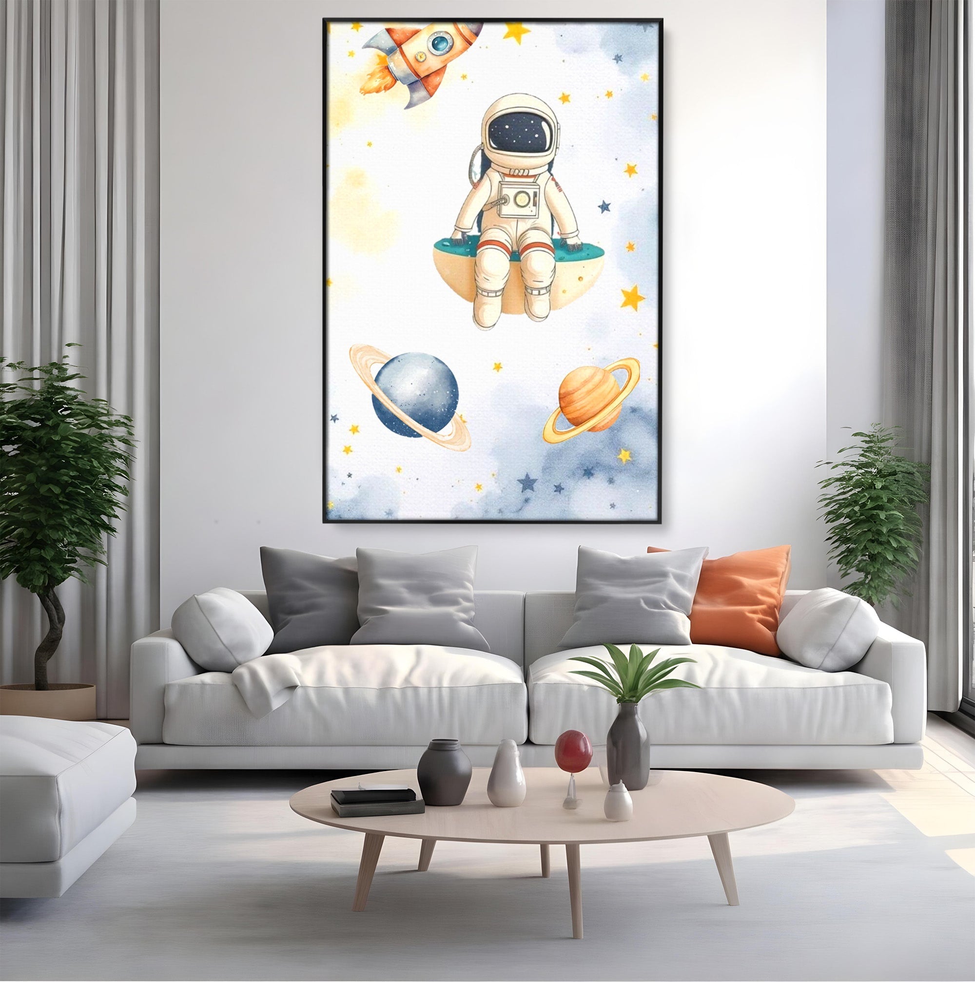Tablou Canvas Premium LuxCanva® PI1367, Astronaut In Spatiu, Calatorie, Spatiu, Planete, Copii, Culori Vibrante, Dormitor, Camera Copii