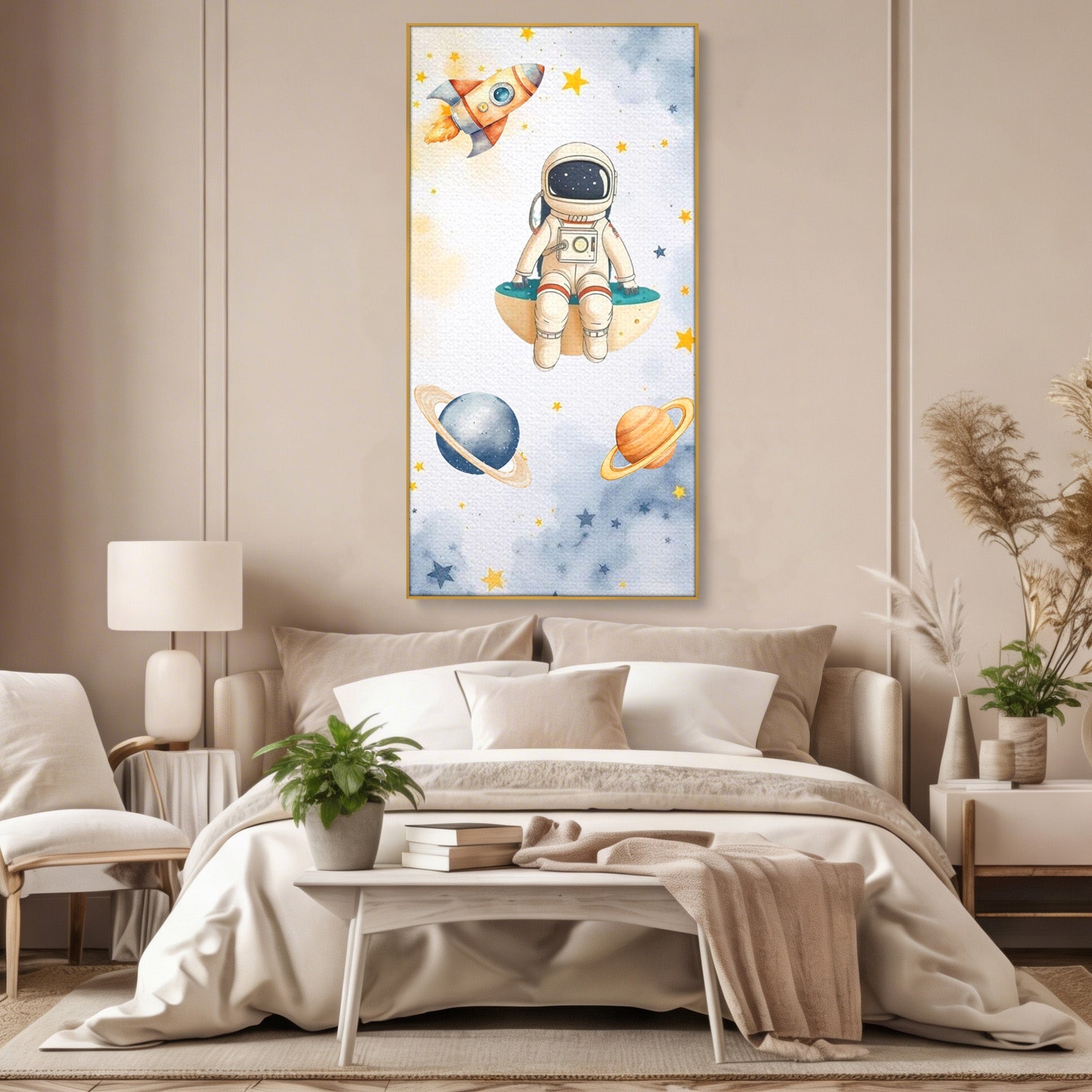 Tablou Canvas Premium LuxCanva® PI1367, Astronaut In Spatiu, Calatorie, Spatiu, Planete, Copii, Culori Vibrante, Dormitor, Camera Copii