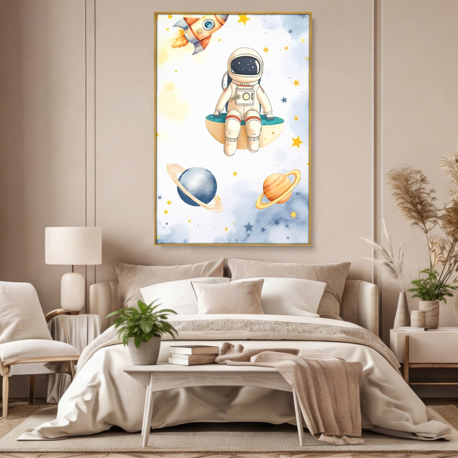 Tablou Canvas Premium LuxCanva® PI1367, Astronaut In Spatiu, Calatorie, Spatiu, Planete, Copii, Culori Vibrante, Dormitor, Camera Copii