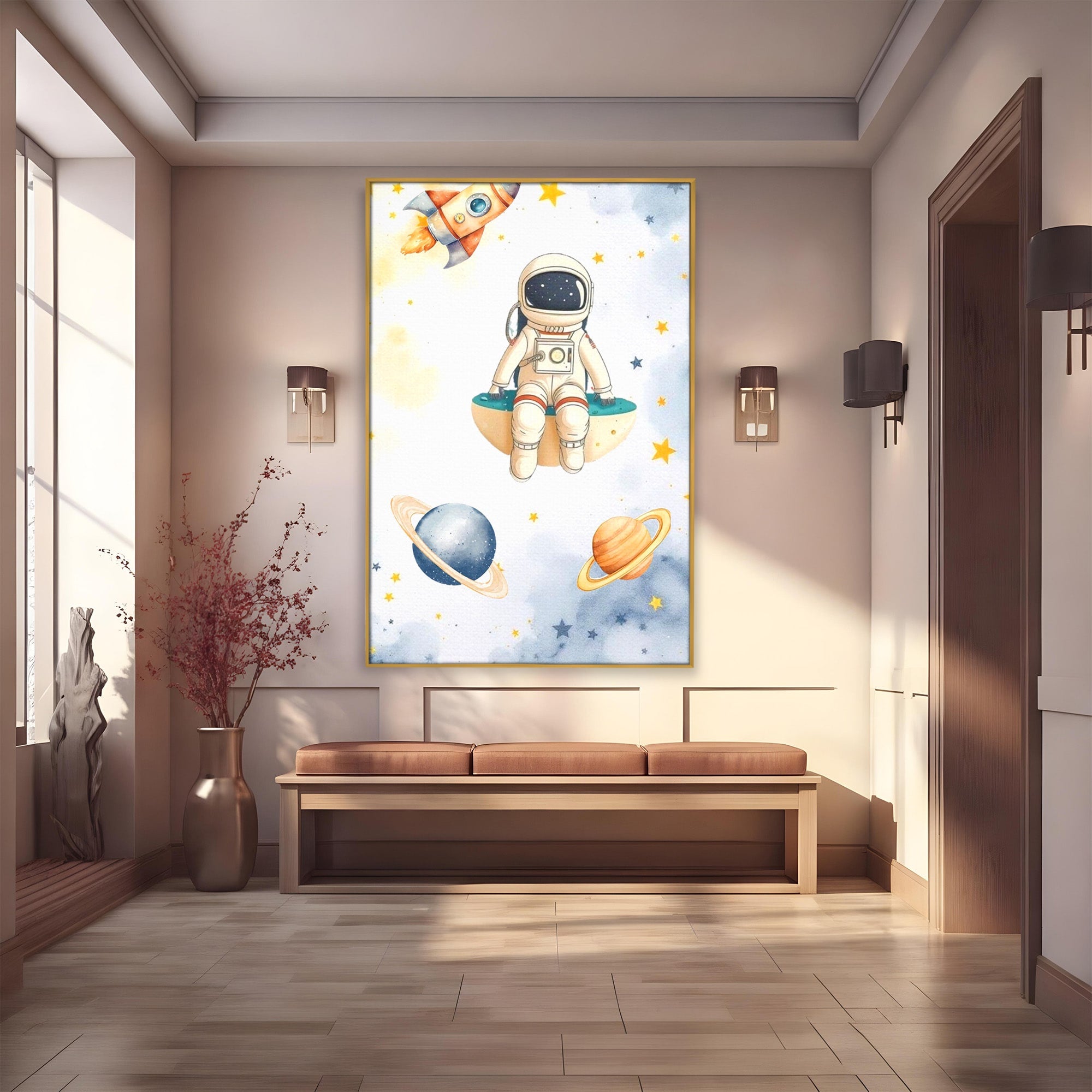 Tablou Canvas Premium LuxCanva® PI1367, Astronaut In Spatiu, Calatorie, Spatiu, Planete, Copii, Culori Vibrante, Dormitor, Camera Copii