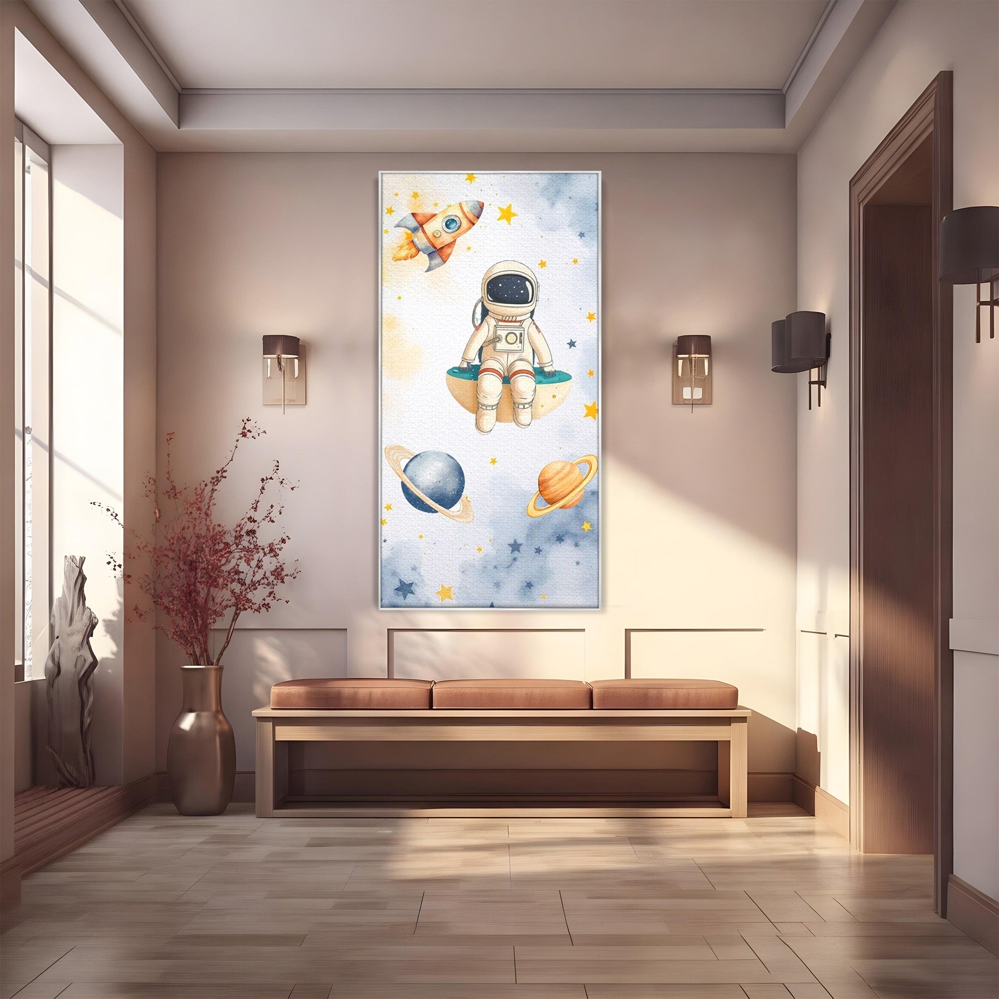 Tablou Canvas Premium LuxCanva® PI1367, Astronaut In Spatiu, Calatorie, Spatiu, Planete, Copii, Culori Vibrante, Dormitor, Camera Copii