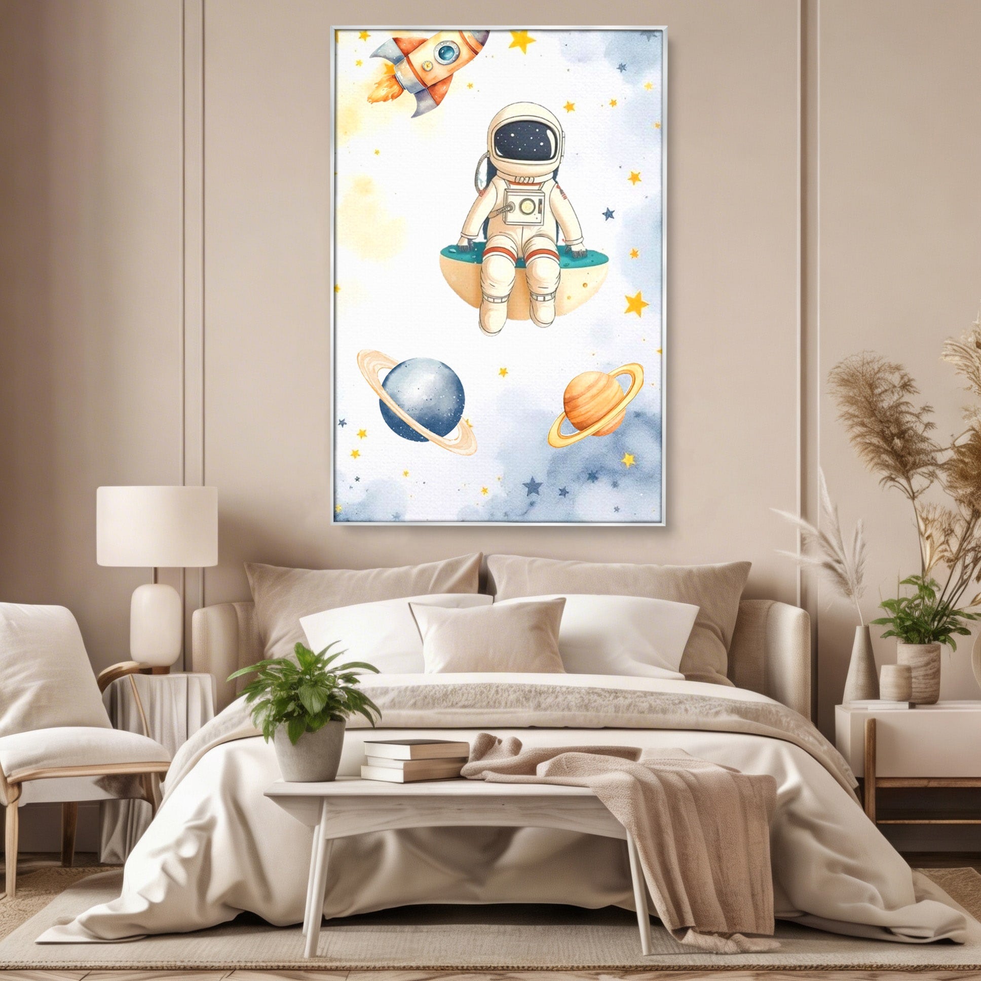 Tablou Canvas Premium LuxCanva® PI1367, Astronaut In Spatiu, Calatorie, Spatiu, Planete, Copii, Culori Vibrante, Dormitor, Camera Copii