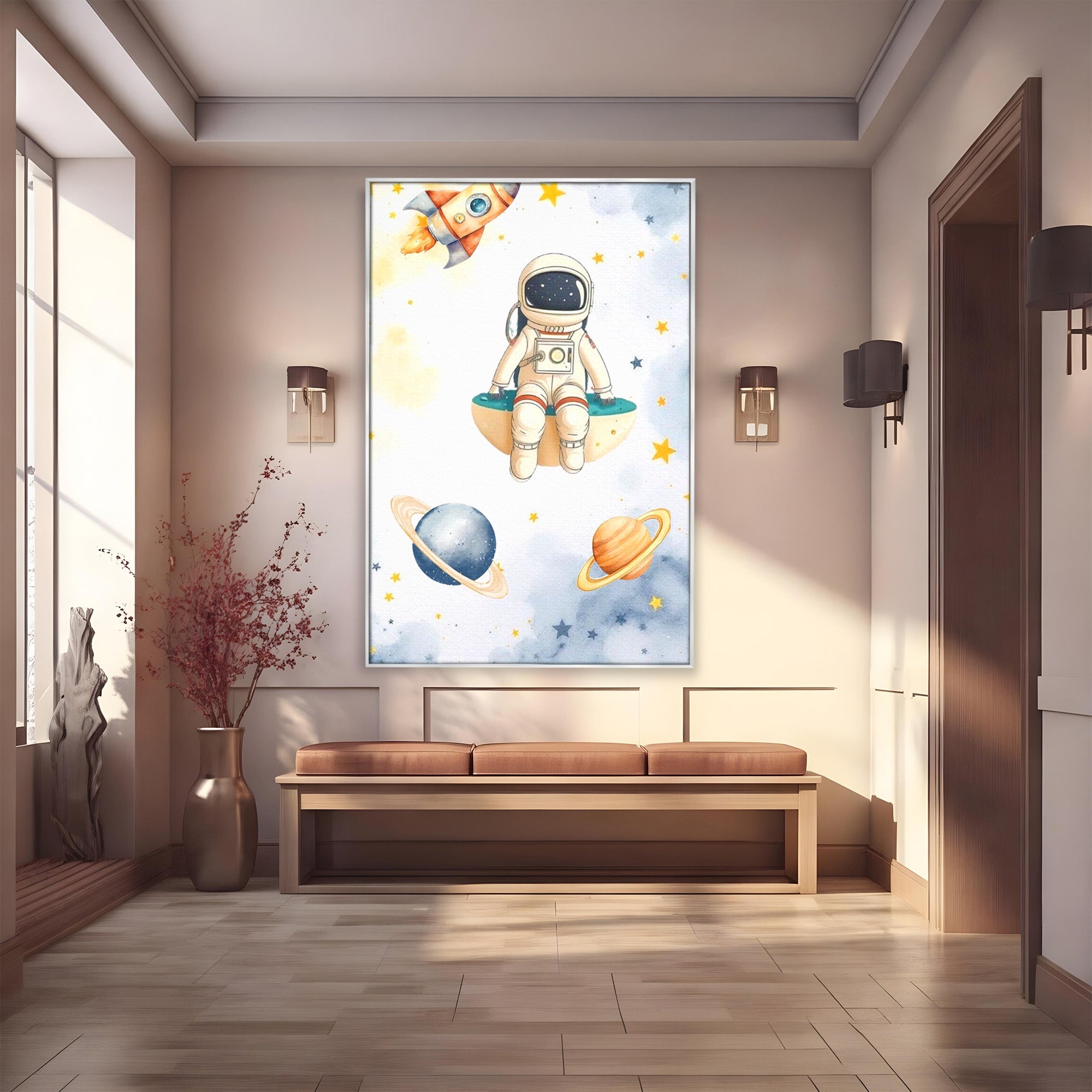 Tablou Canvas Premium LuxCanva® PI1367, Astronaut In Spatiu, Calatorie, Spatiu, Planete, Copii, Culori Vibrante, Dormitor, Camera Copii