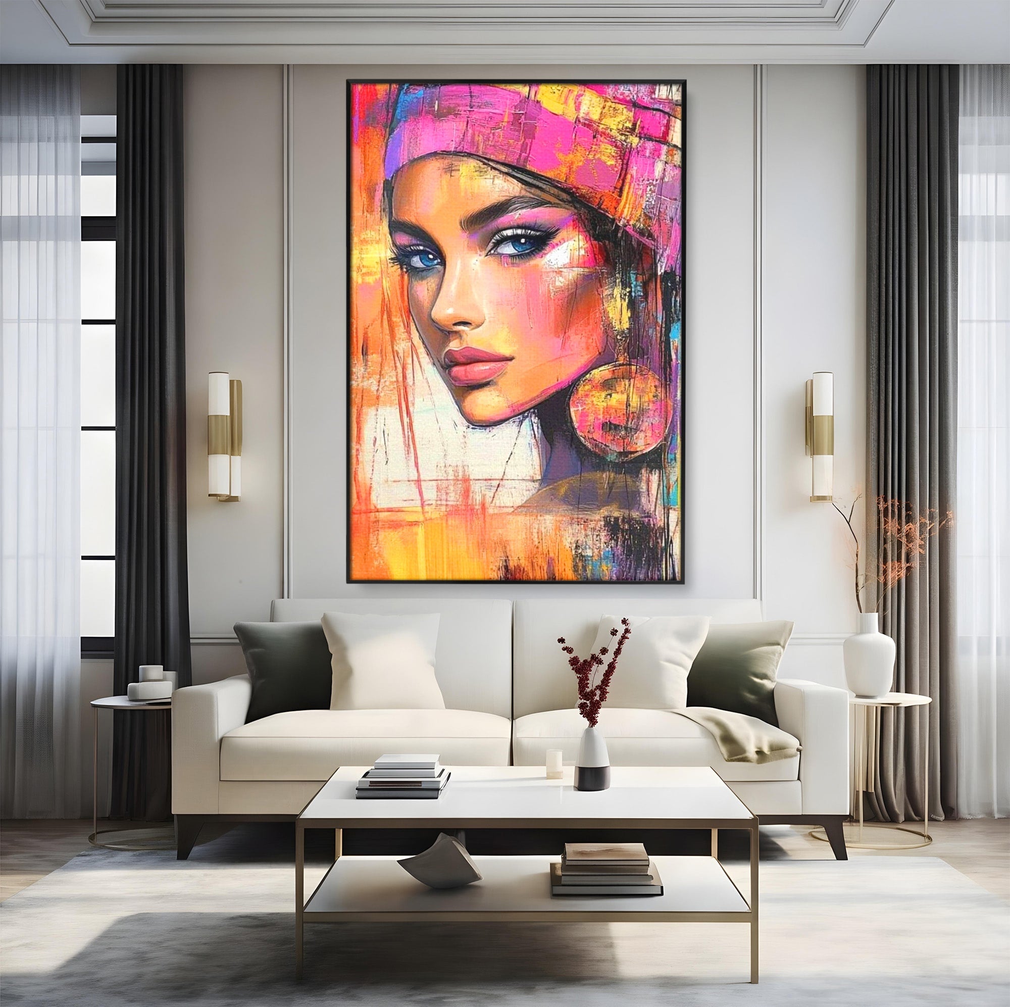 Tablou Canvas Premium LuxCanva® PI1371, Privirea care Vrajeste, Portret, Femeie, Modern, Arta Abstracta, Culori Vibrante, Living, Dormitor