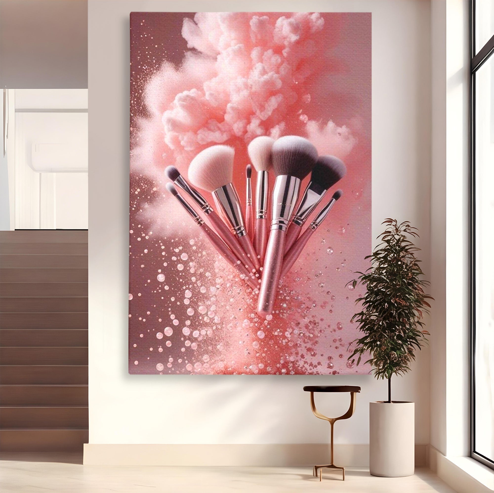 Tablou Canvas Premium LuxCanva® PI1373, Explozie De Pensule, Roz, Machiaj, Eleganta, Stil, Culori Vibrante, Salon