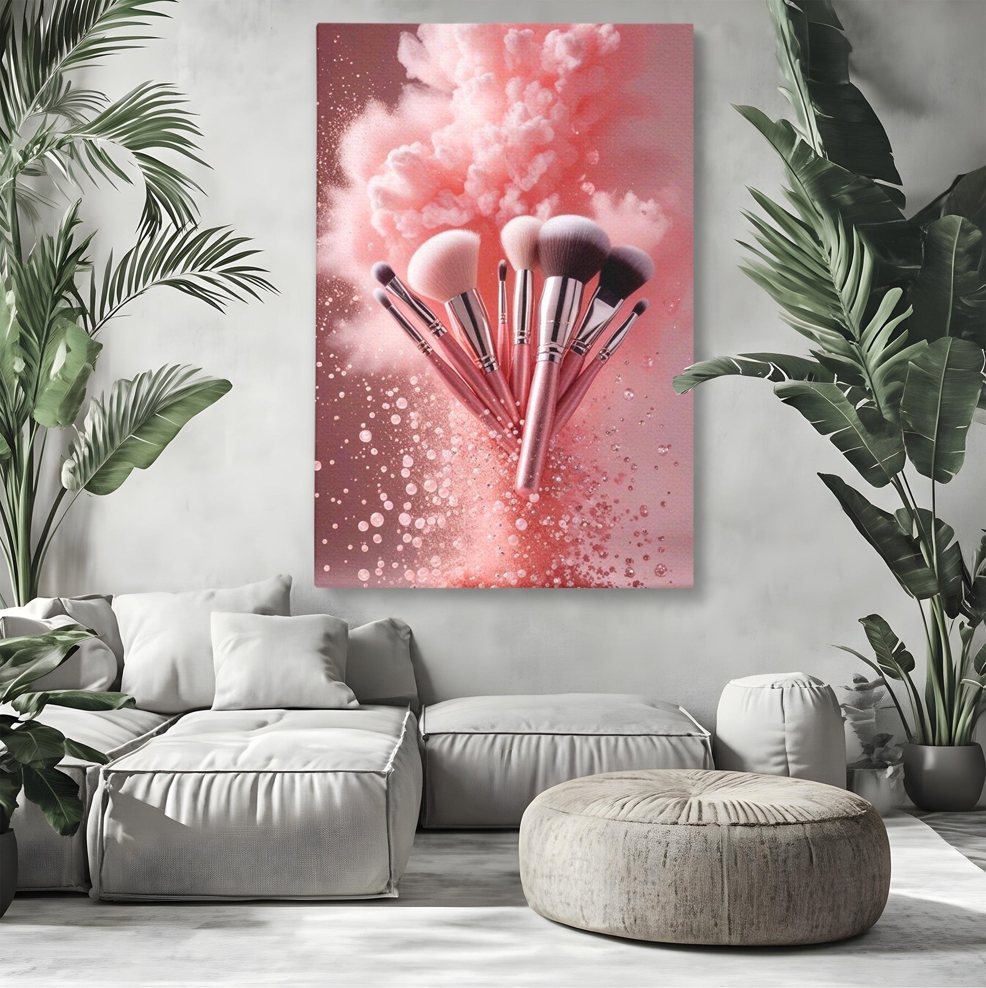 Tablou Canvas Premium LuxCanva® PI1373, Explozie De Pensule, Roz, Machiaj, Eleganta, Stil, Culori Vibrante, Salon