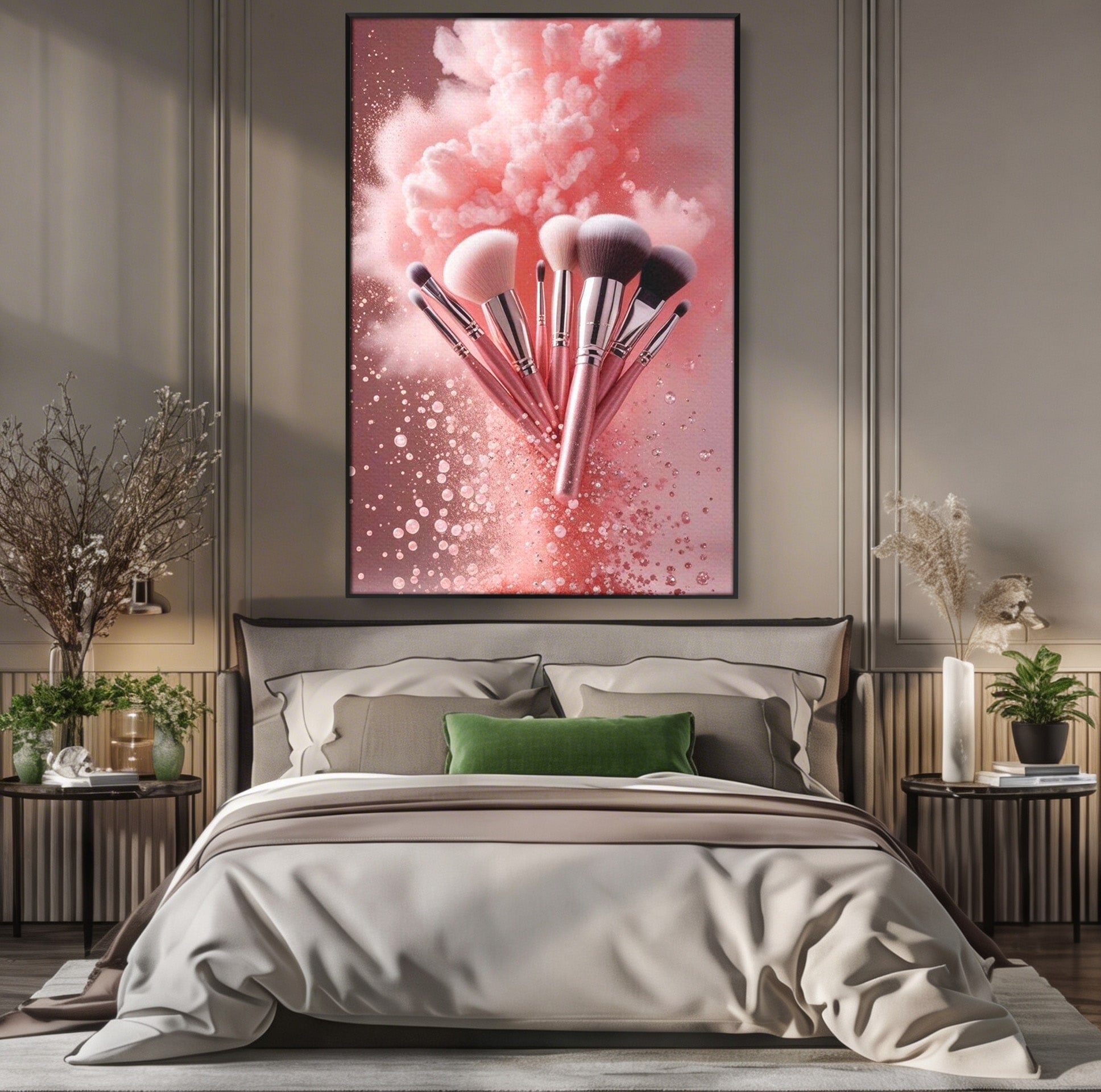Tablou Canvas Premium LuxCanva® PI1373, Explozie De Pensule, Roz, Machiaj, Eleganta, Stil, Culori Vibrante, Salon
