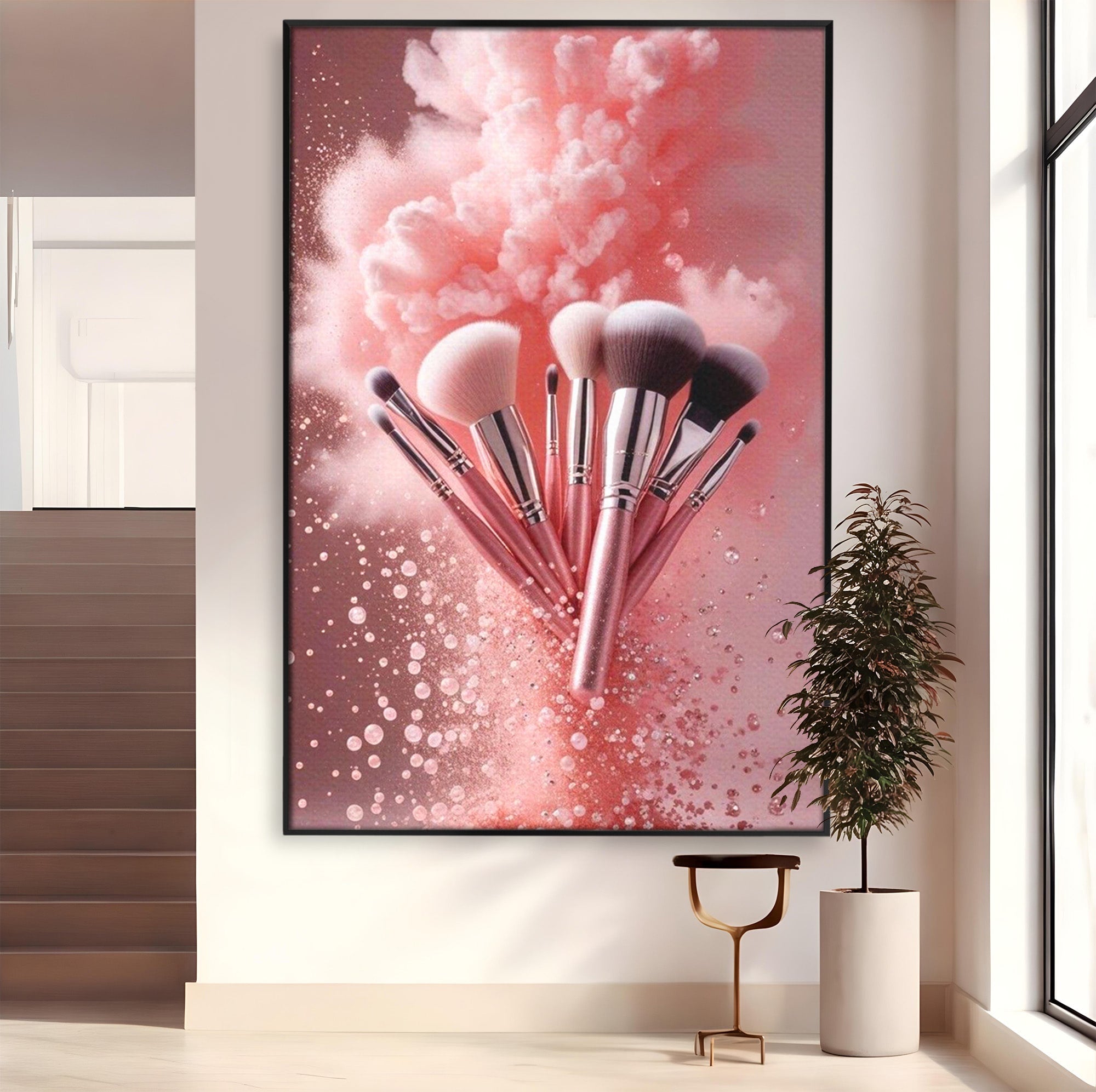 Tablou Canvas Premium LuxCanva® PI1373, Explozie De Pensule, Roz, Machiaj, Eleganta, Stil, Culori Vibrante, Salon