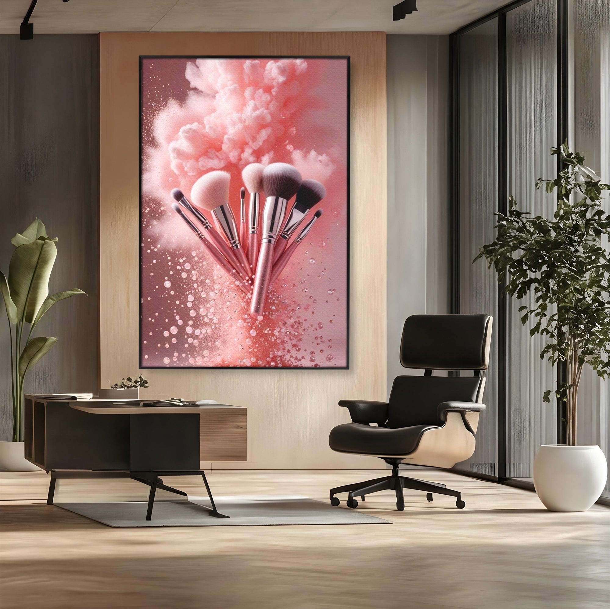 Tablou Canvas Premium LuxCanva® PI1373, Explozie De Pensule, Roz, Machiaj, Eleganta, Stil, Culori Vibrante, Salon