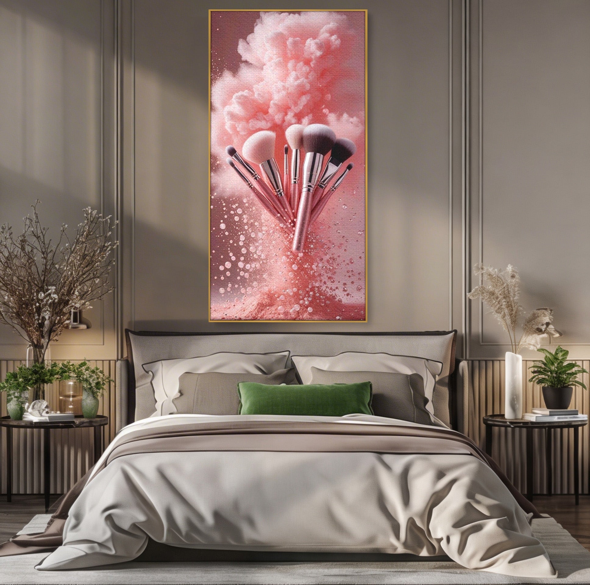 Tablou Canvas Premium LuxCanva® PI1373, Explozie De Pensule, Roz, Machiaj, Eleganta, Stil, Culori Vibrante, Salon
