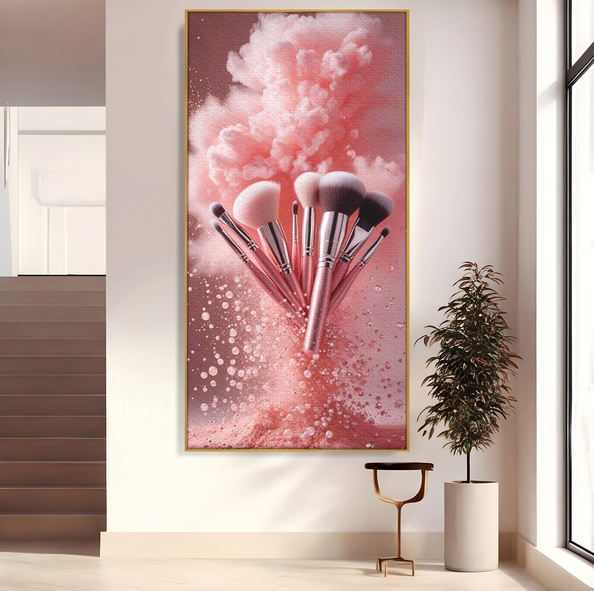 Tablou Canvas Premium LuxCanva® PI1373, Explozie De Pensule, Roz, Machiaj, Eleganta, Stil, Culori Vibrante, Salon