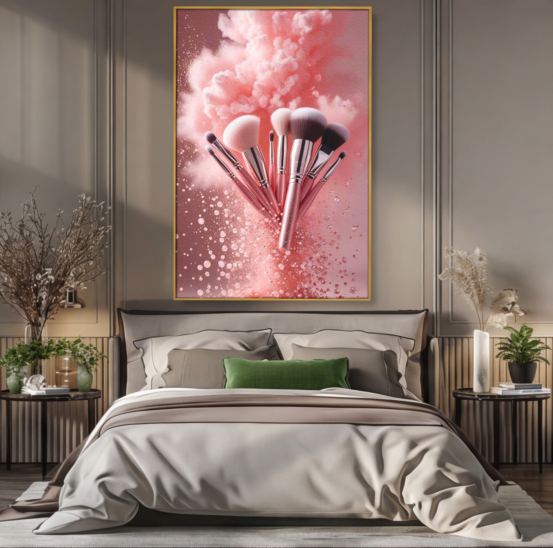 Tablou Canvas Premium LuxCanva® PI1373, Explozie De Pensule, Roz, Machiaj, Eleganta, Stil, Culori Vibrante, Salon