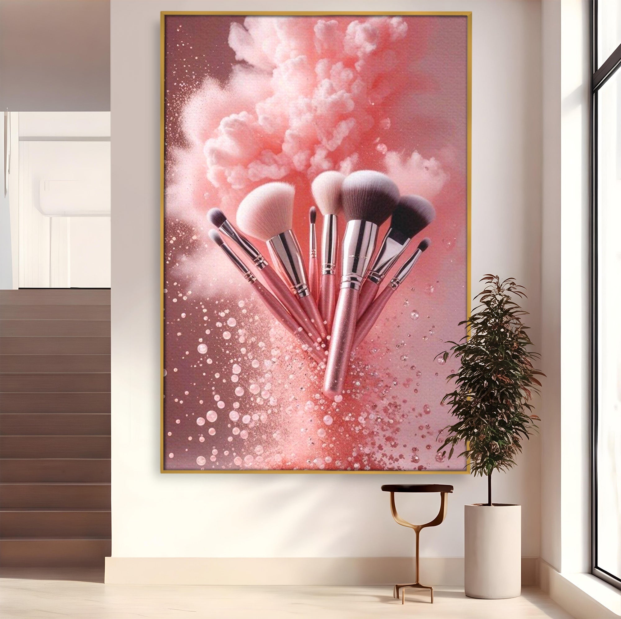 Tablou Canvas Premium LuxCanva® PI1373, Explozie De Pensule, Roz, Machiaj, Eleganta, Stil, Culori Vibrante, Salon