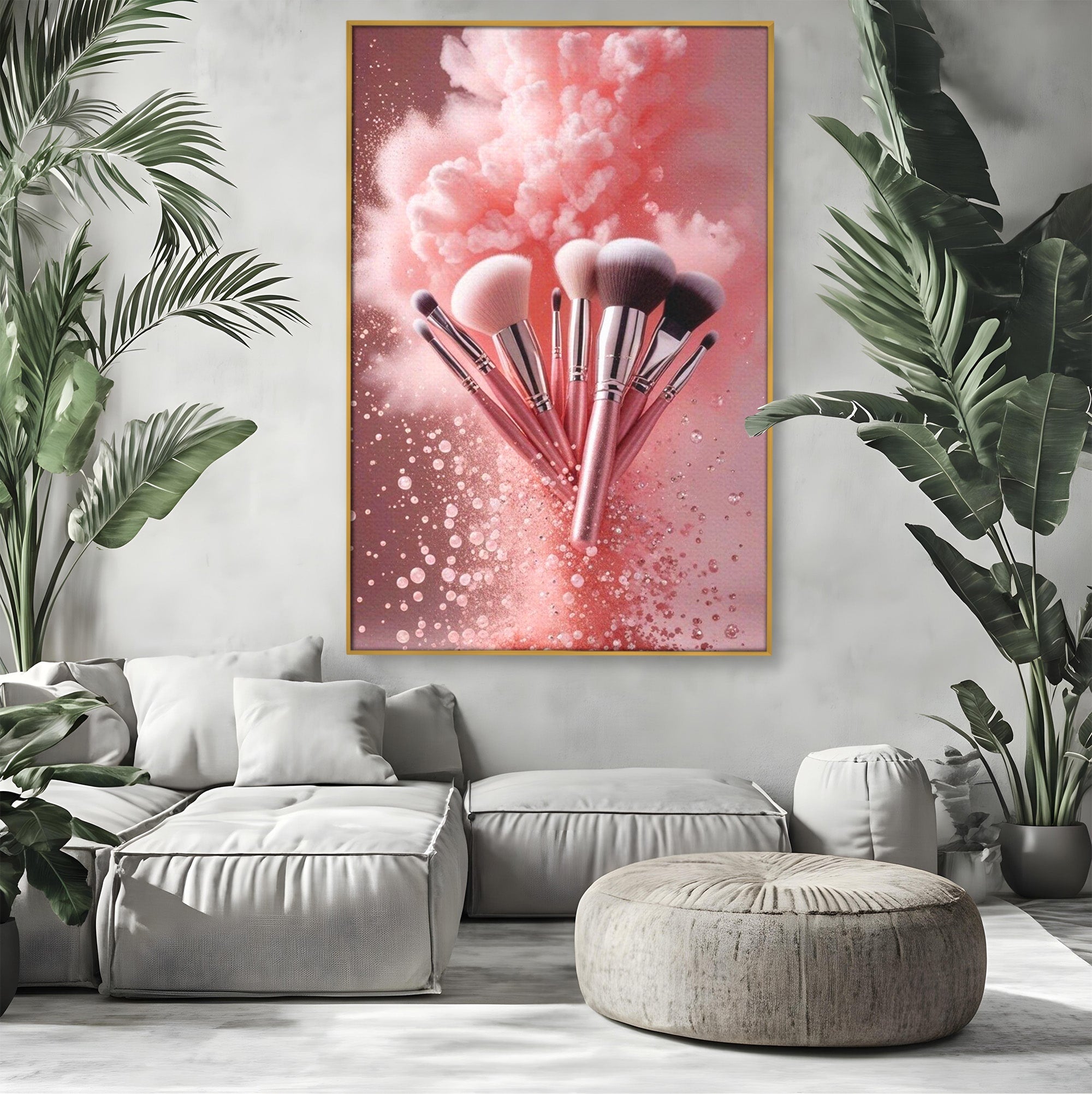 Tablou Canvas Premium LuxCanva® PI1373, Explozie De Pensule, Roz, Machiaj, Eleganta, Stil, Culori Vibrante, Salon