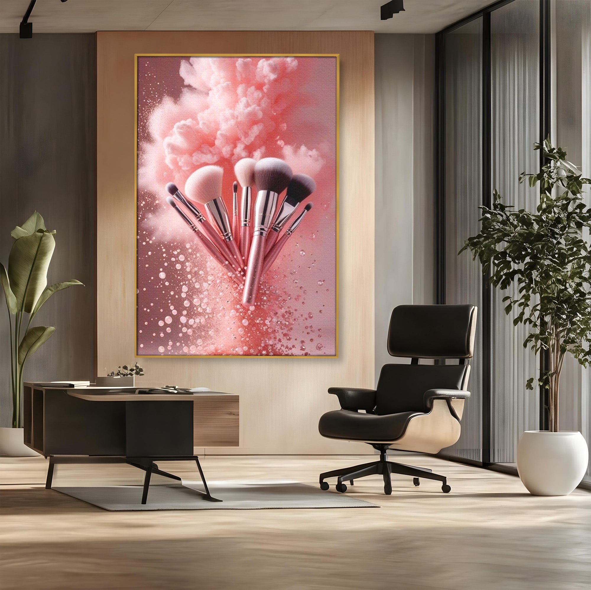 Tablou Canvas Premium LuxCanva® PI1373, Explozie De Pensule, Roz, Machiaj, Eleganta, Stil, Culori Vibrante, Salon
