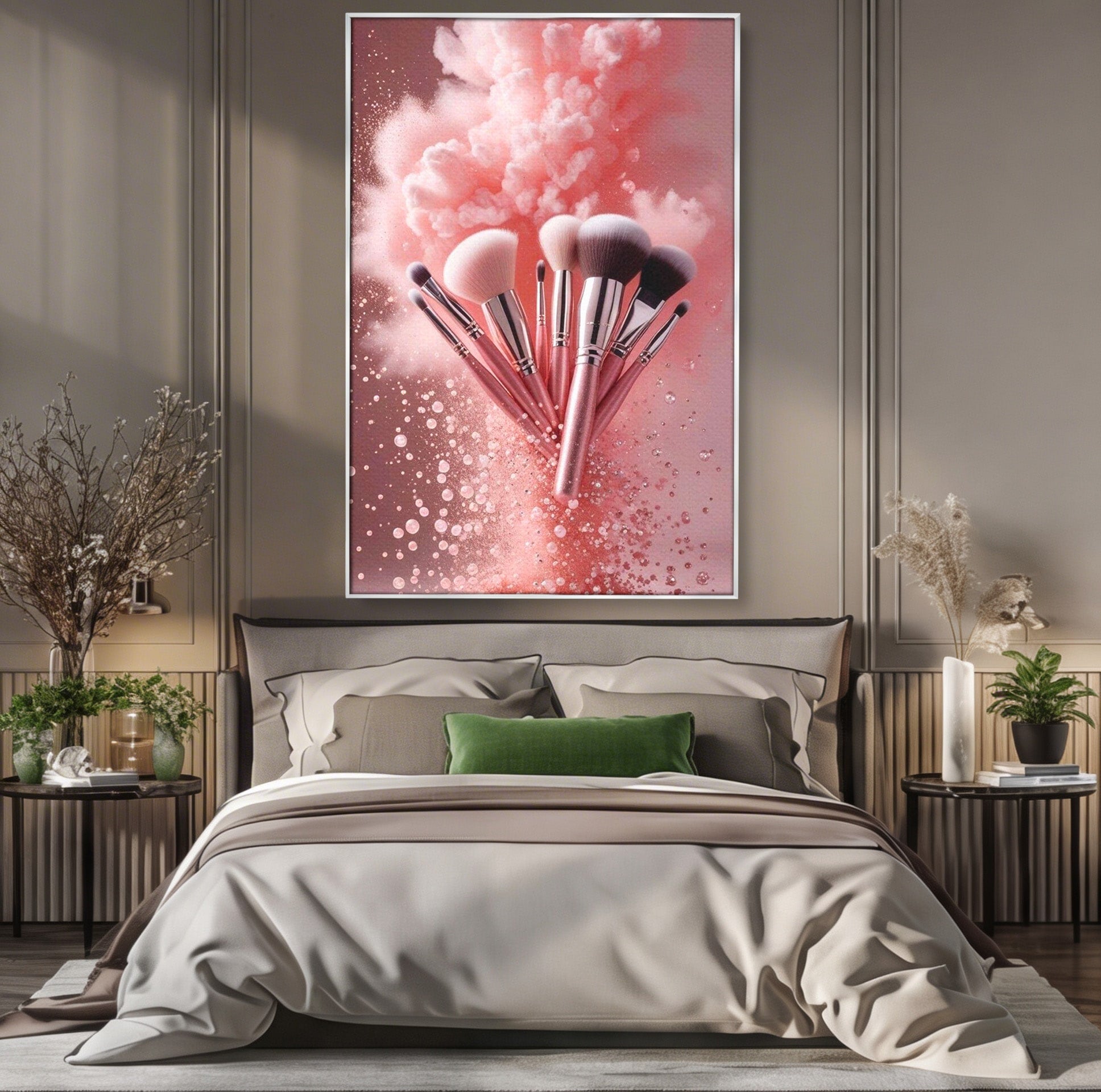 Tablou Canvas Premium LuxCanva® PI1373, Explozie De Pensule, Roz, Machiaj, Eleganta, Stil, Culori Vibrante, Salon