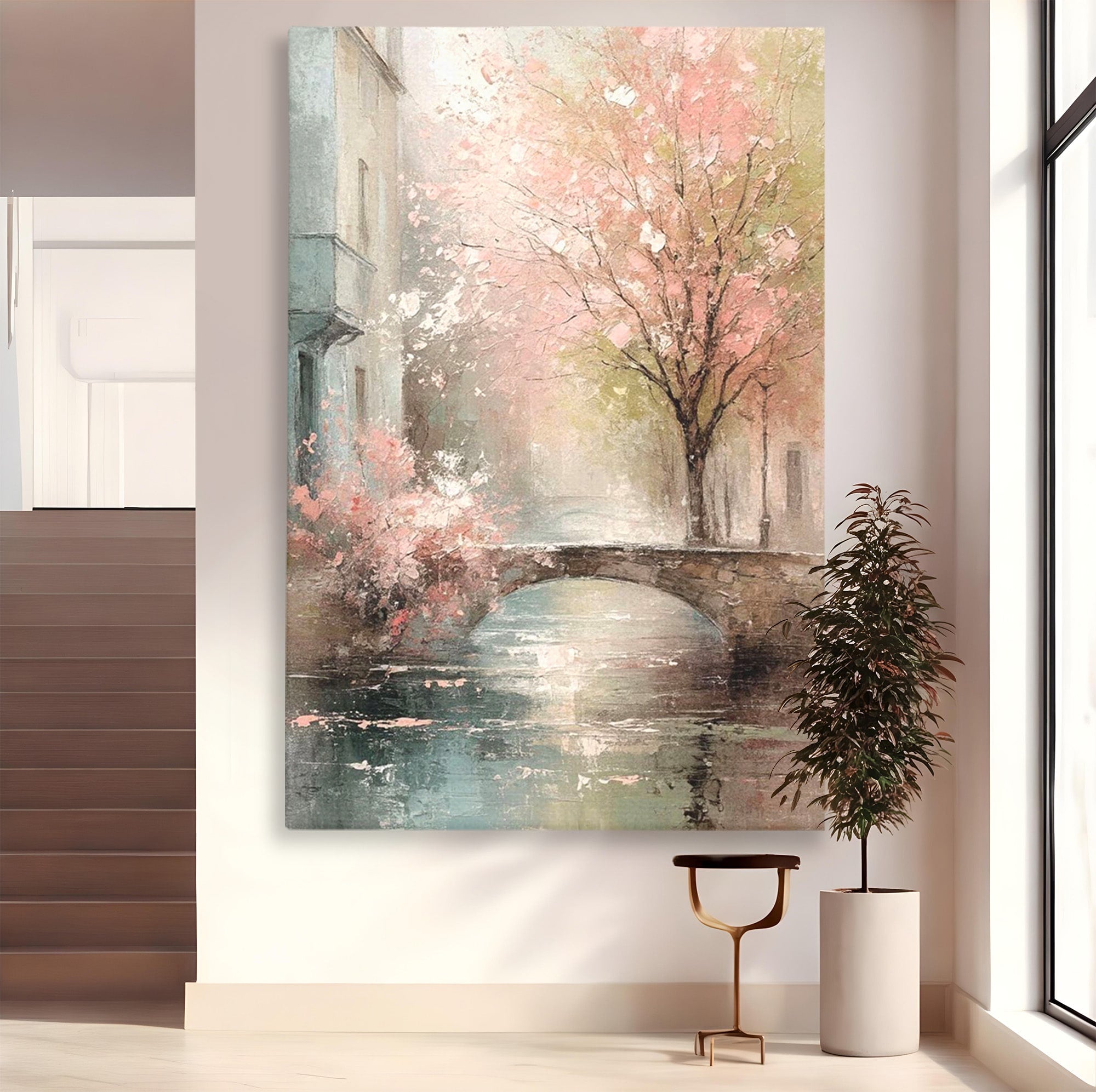 Tablou Canvas Premium LuxCanva® PI1376, Podul Primaverii, Fascinatie, Primavara, Copac Inflorit, Peisaj, Romantic, Culori Vibrante, Living, Dormitor