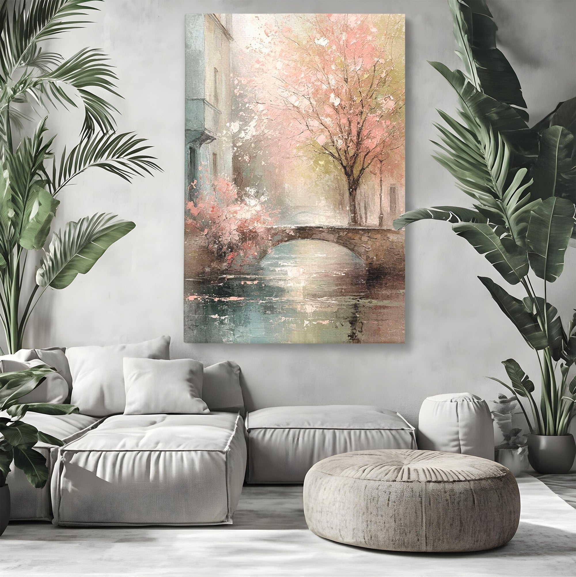 Tablou Canvas Premium LuxCanva® PI1376, Podul Primaverii, Fascinatie, Primavara, Copac Inflorit, Peisaj, Romantic, Culori Vibrante, Living, Dormitor