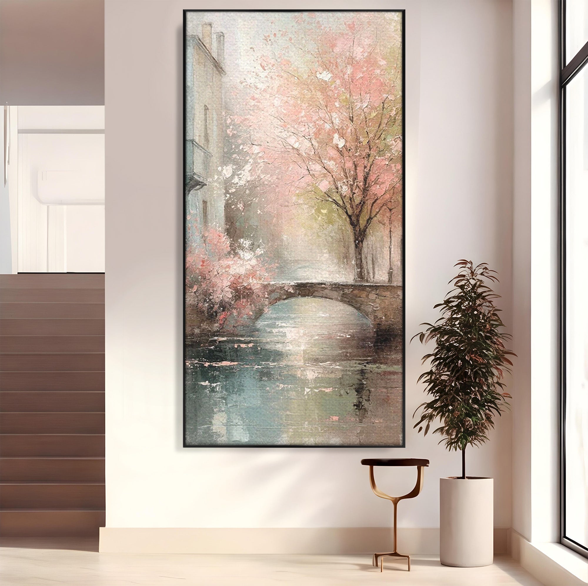 Tablou Canvas Premium LuxCanva® PI1376, Podul Primaverii, Fascinatie, Primavara, Copac Inflorit, Peisaj, Romantic, Culori Vibrante, Living, Dormitor