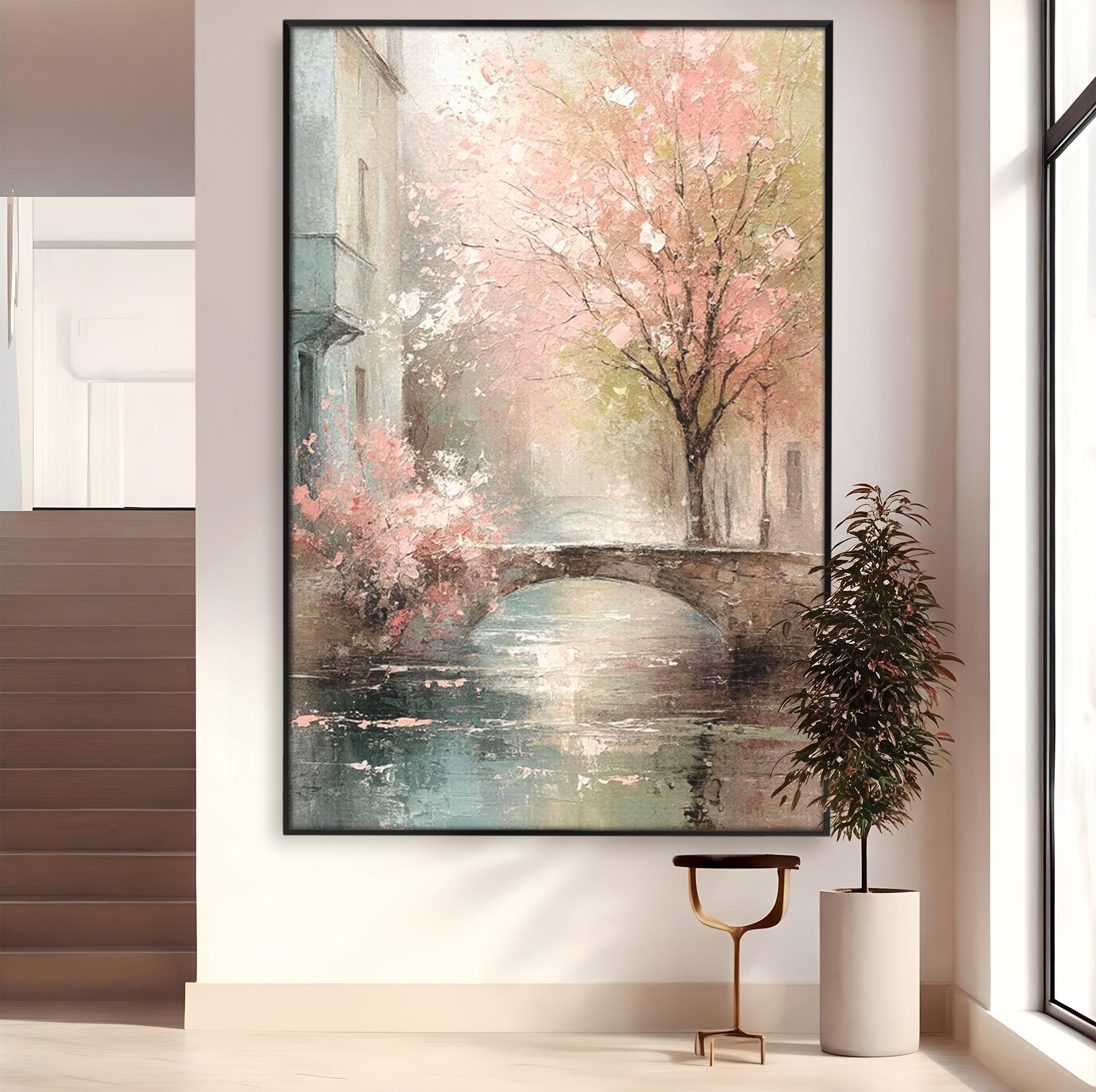 Tablou Canvas Premium LuxCanva® PI1376, Podul Primaverii, Fascinatie, Primavara, Copac Inflorit, Peisaj, Romantic, Culori Vibrante, Living, Dormitor