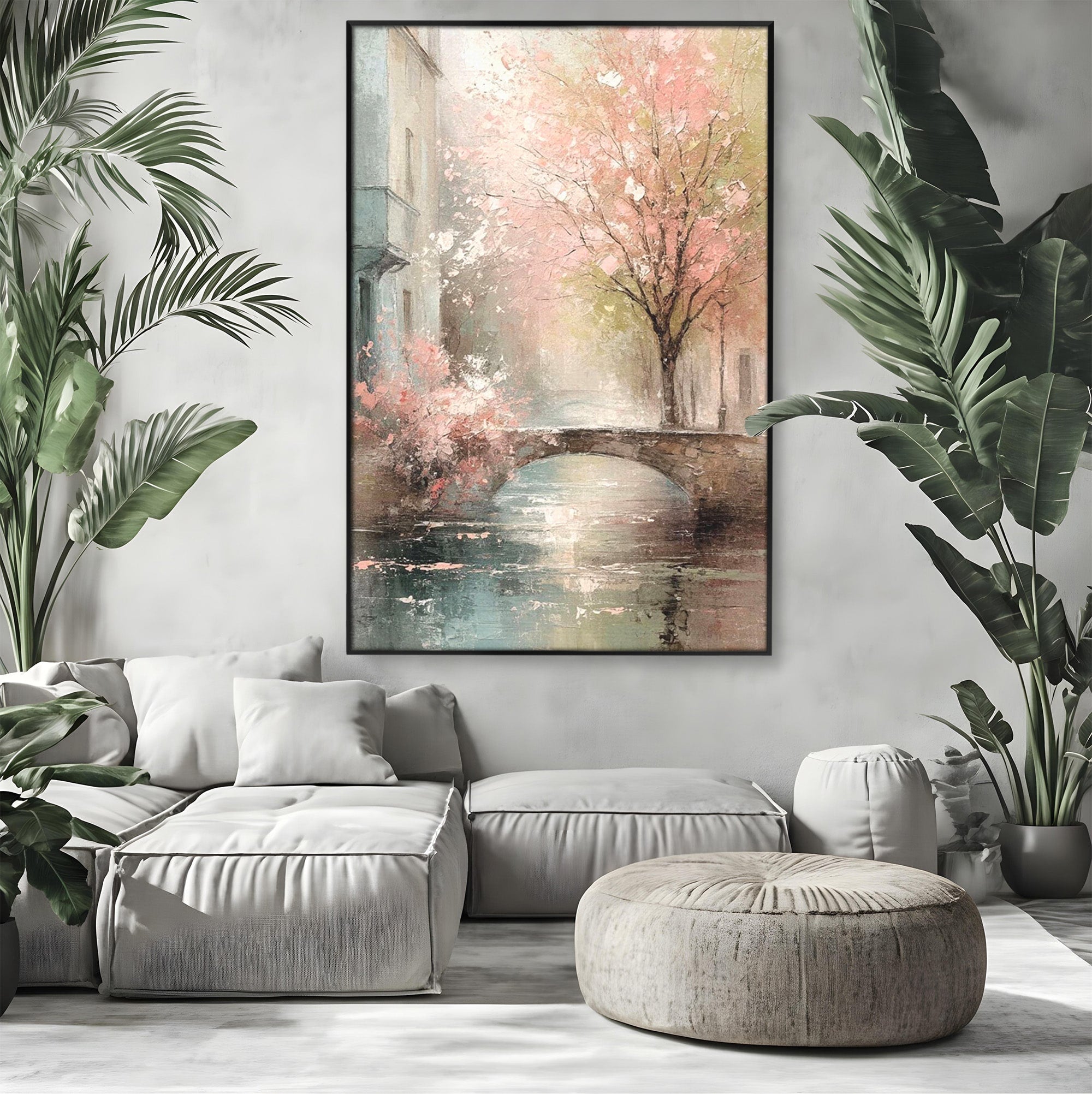Tablou Canvas Premium LuxCanva® PI1376, Podul Primaverii, Fascinatie, Primavara, Copac Inflorit, Peisaj, Romantic, Culori Vibrante, Living, Dormitor