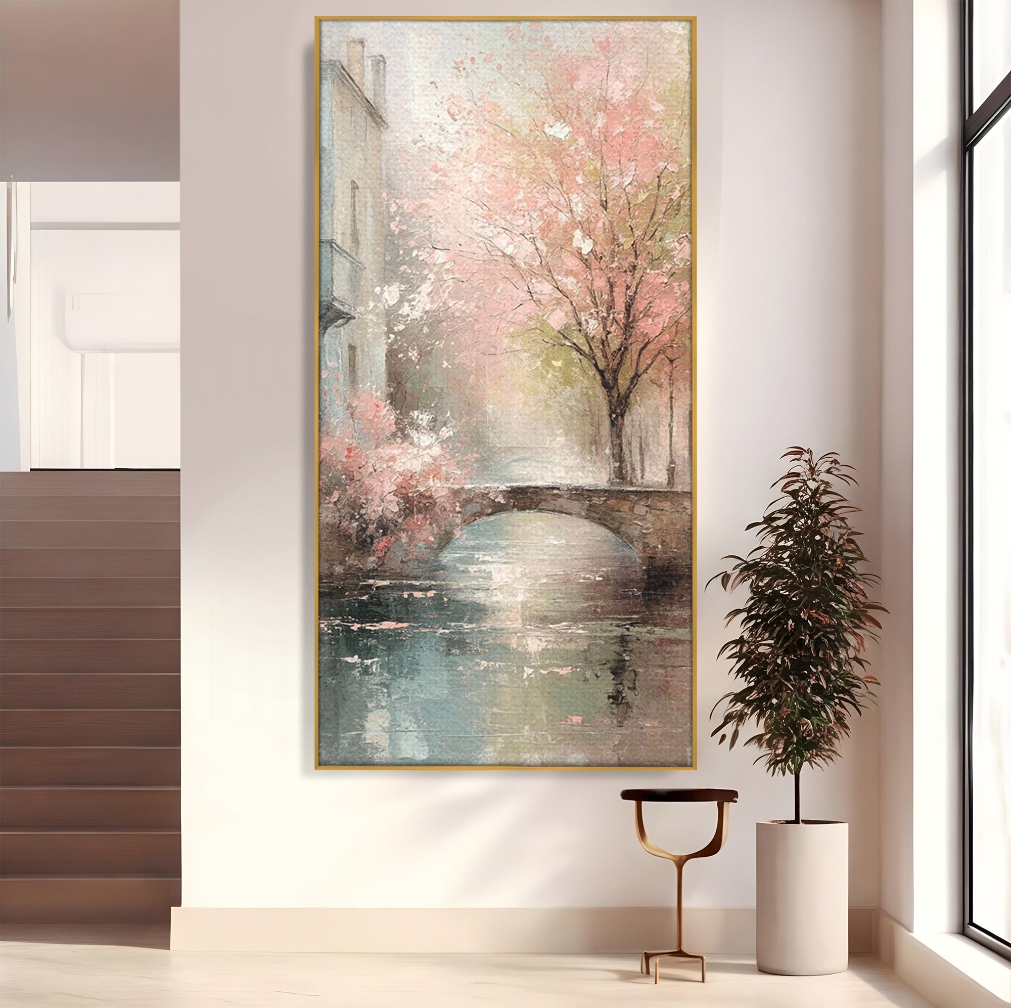 Tablou Canvas Premium LuxCanva® PI1376, Podul Primaverii, Fascinatie, Primavara, Copac Inflorit, Peisaj, Romantic, Culori Vibrante, Living, Dormitor
