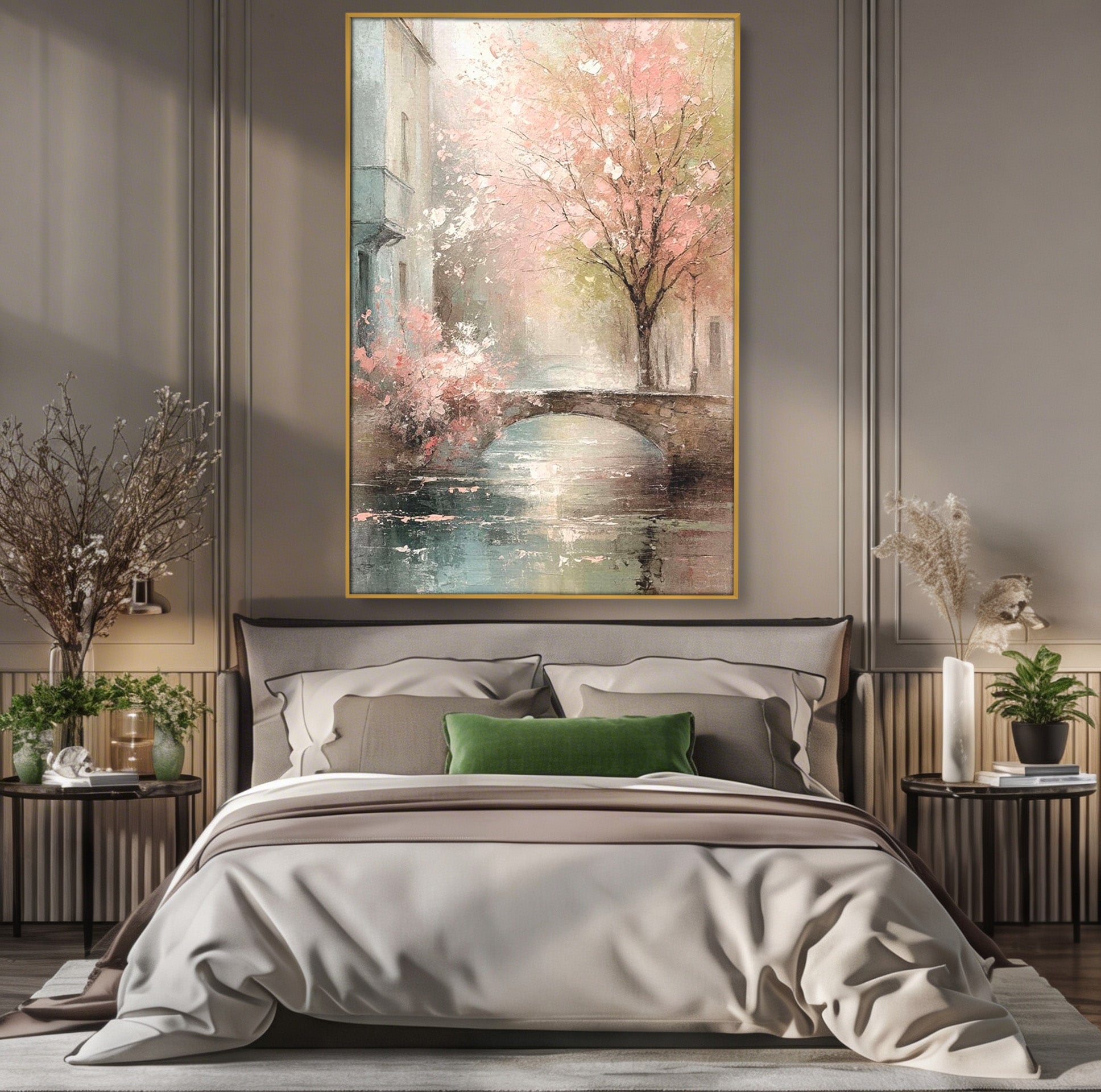 Tablou Canvas Premium LuxCanva® PI1376, Podul Primaverii, Fascinatie, Primavara, Copac Inflorit, Peisaj, Romantic, Culori Vibrante, Living, Dormitor