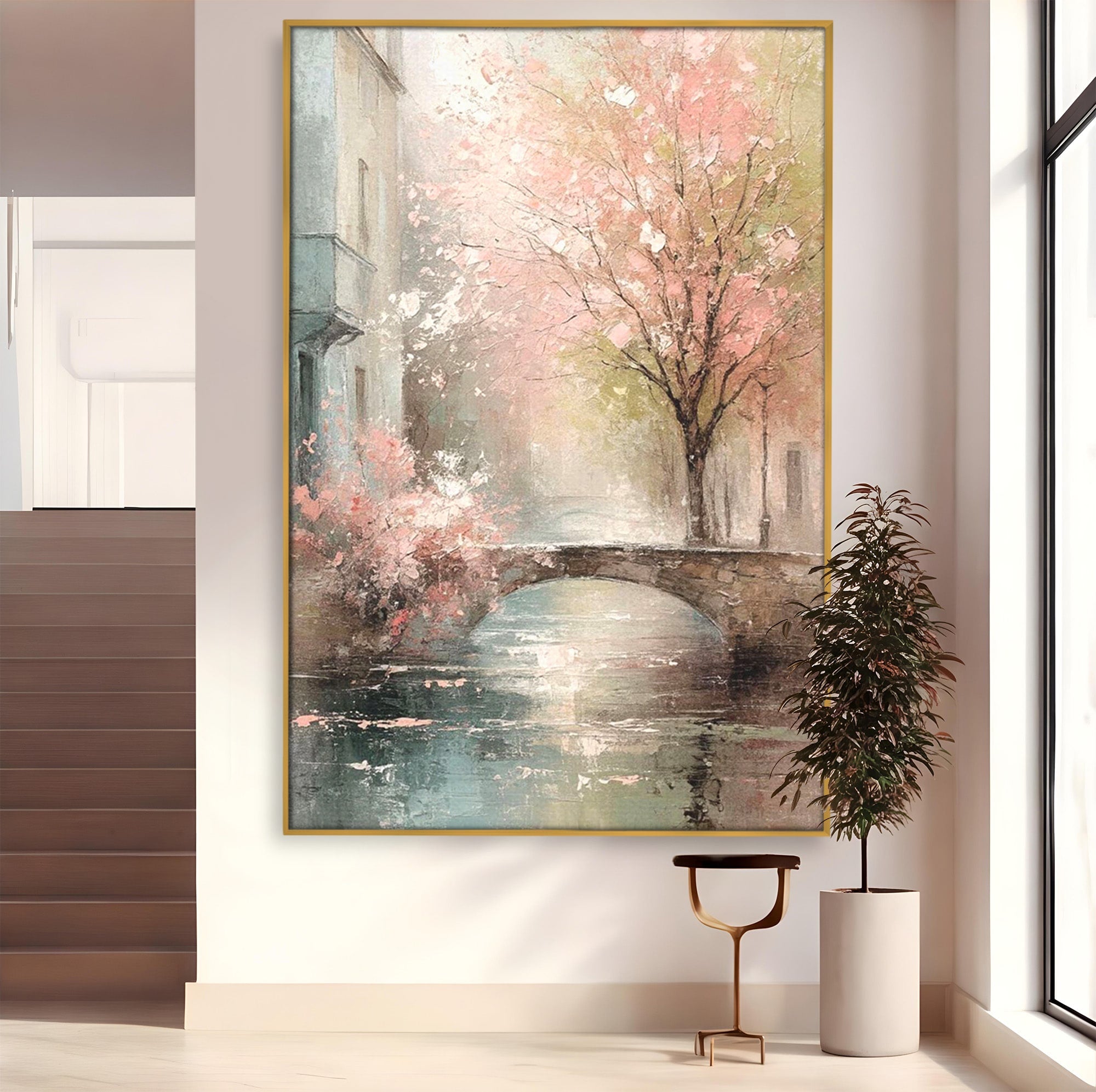 Tablou Canvas Premium LuxCanva® PI1376, Podul Primaverii, Fascinatie, Primavara, Copac Inflorit, Peisaj, Romantic, Culori Vibrante, Living, Dormitor