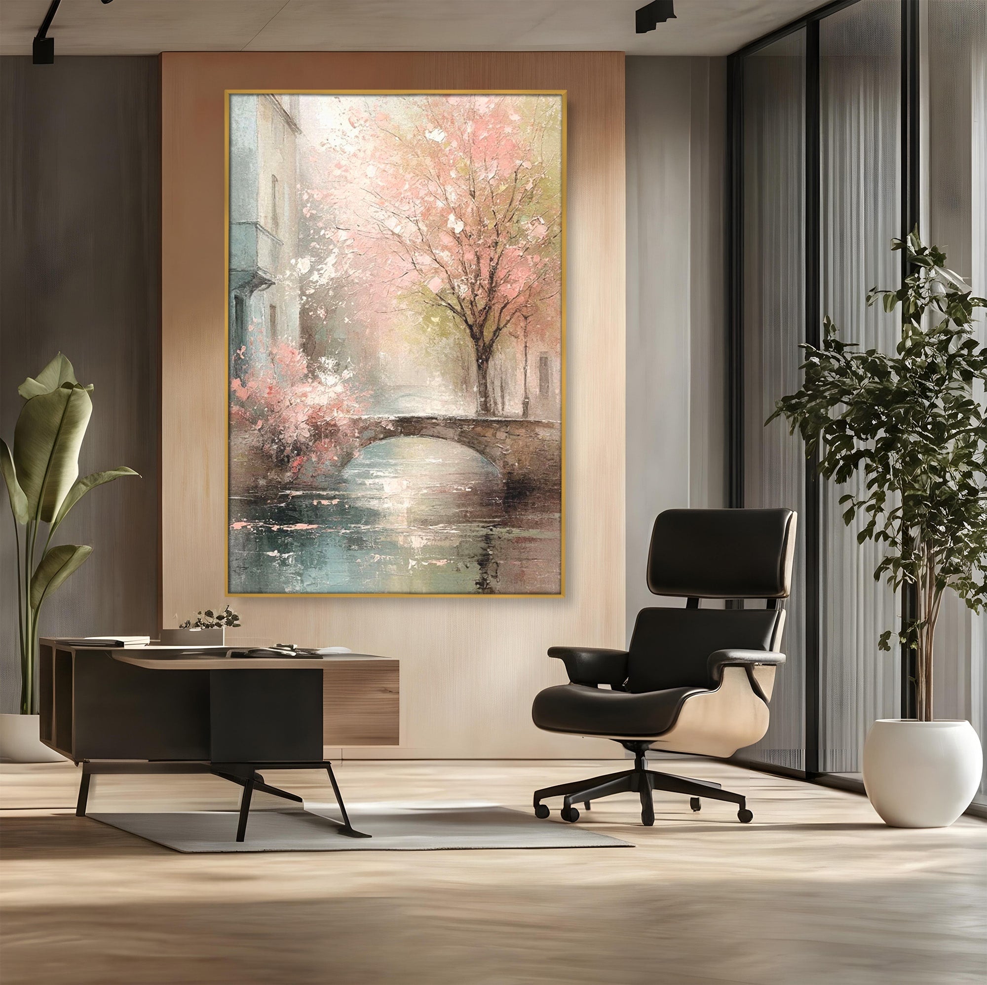 Tablou Canvas Premium LuxCanva® PI1376, Podul Primaverii, Fascinatie, Primavara, Copac Inflorit, Peisaj, Romantic, Culori Vibrante, Living, Dormitor