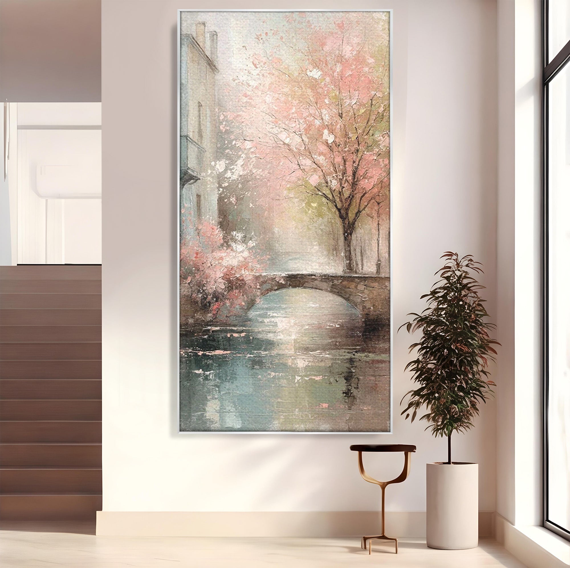 Tablou Canvas Premium LuxCanva® PI1376, Podul Primaverii, Fascinatie, Primavara, Copac Inflorit, Peisaj, Romantic, Culori Vibrante, Living, Dormitor