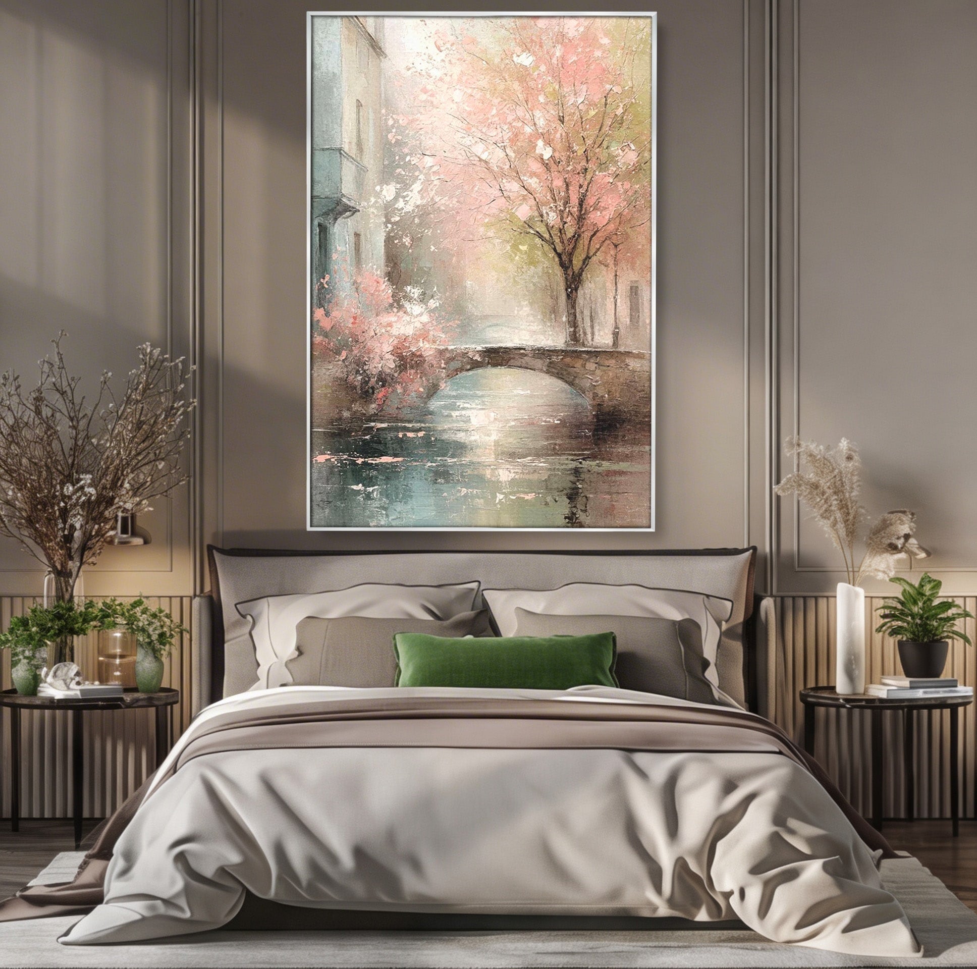 Tablou Canvas Premium LuxCanva® PI1376, Podul Primaverii, Fascinatie, Primavara, Copac Inflorit, Peisaj, Romantic, Culori Vibrante, Living, Dormitor
