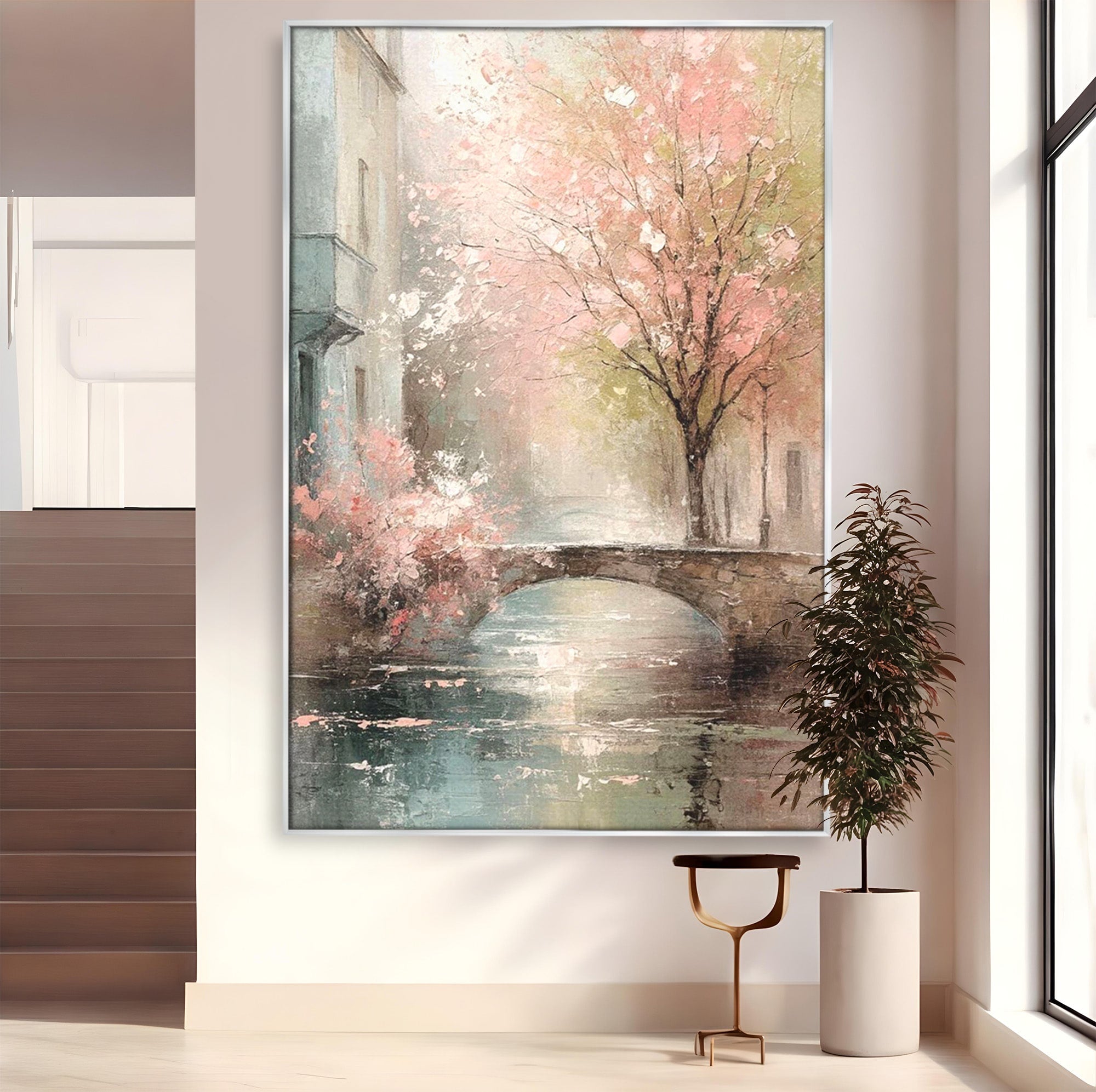 Tablou Canvas Premium LuxCanva® PI1376, Podul Primaverii, Fascinatie, Primavara, Copac Inflorit, Peisaj, Romantic, Culori Vibrante, Living, Dormitor