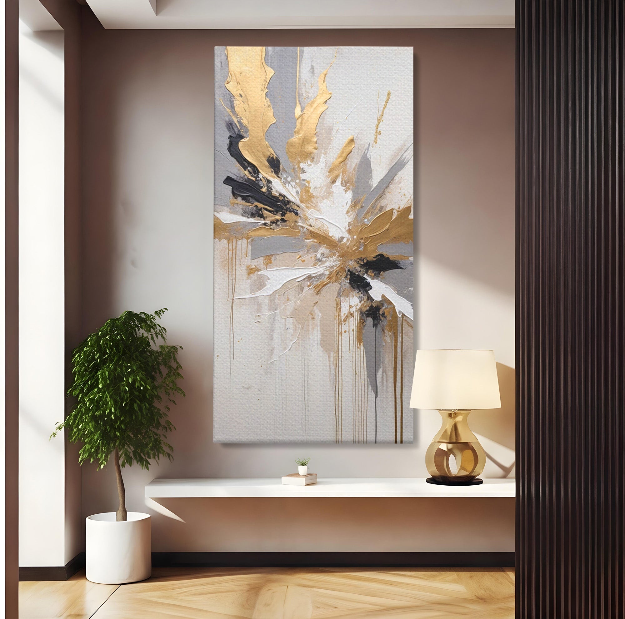 Tablou Canvas Premium LuxCanva® PI1378, Explozie Aurie Abstracta, Gri, Modern, Auriu, Culori Vibrante, Living, Dormitor, Salon