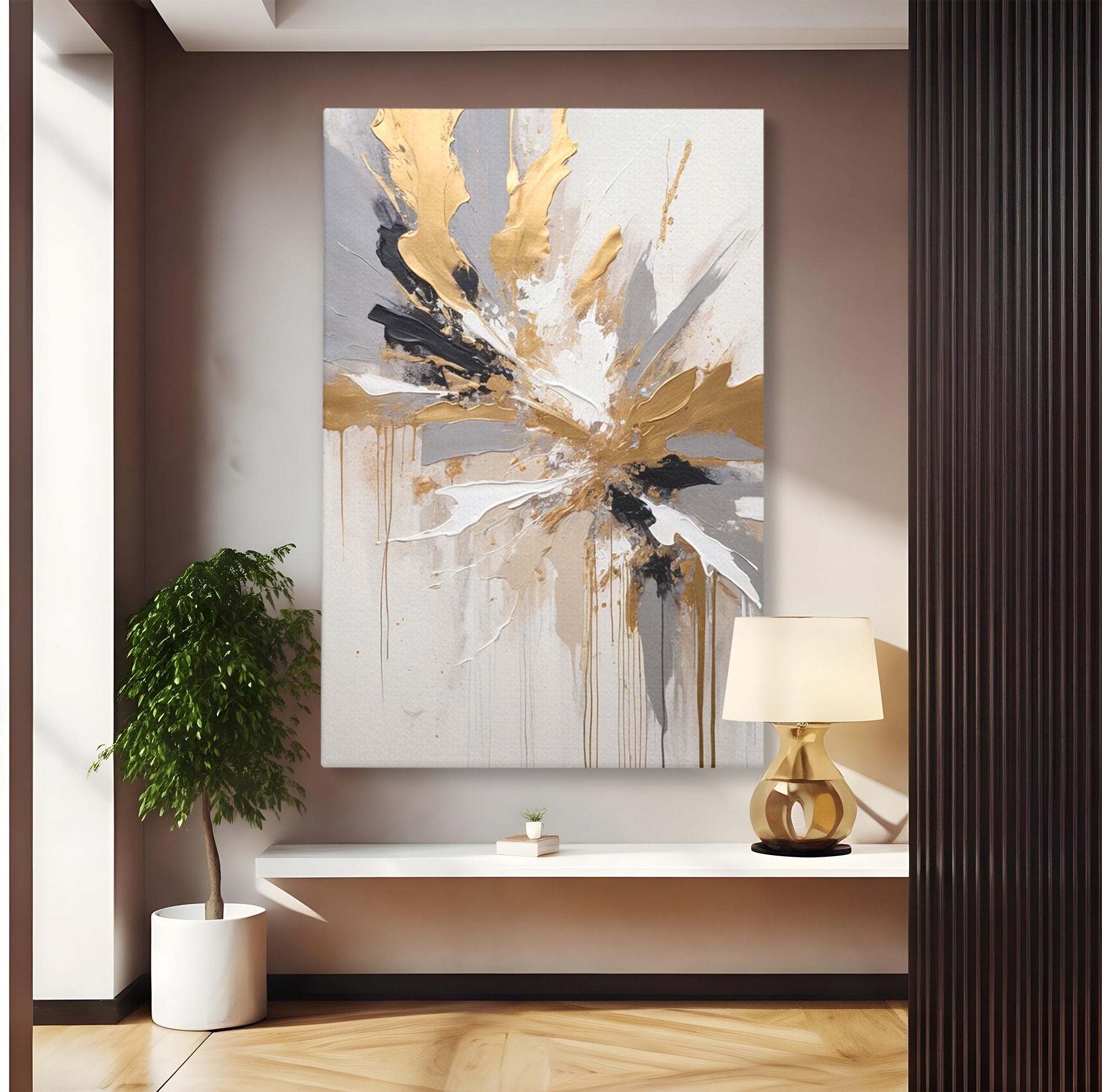 Tablou Canvas Premium LuxCanva® PI1378, Explozie Aurie Abstracta, Gri, Modern, Auriu, Culori Vibrante, Living, Dormitor, Salon