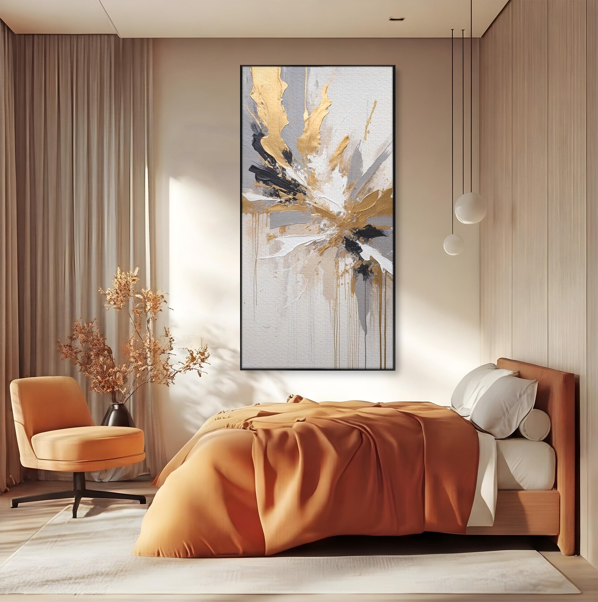 Tablou Canvas Premium LuxCanva® PI1378, Explozie Aurie Abstracta, Gri, Modern, Auriu, Culori Vibrante, Living, Dormitor, Salon