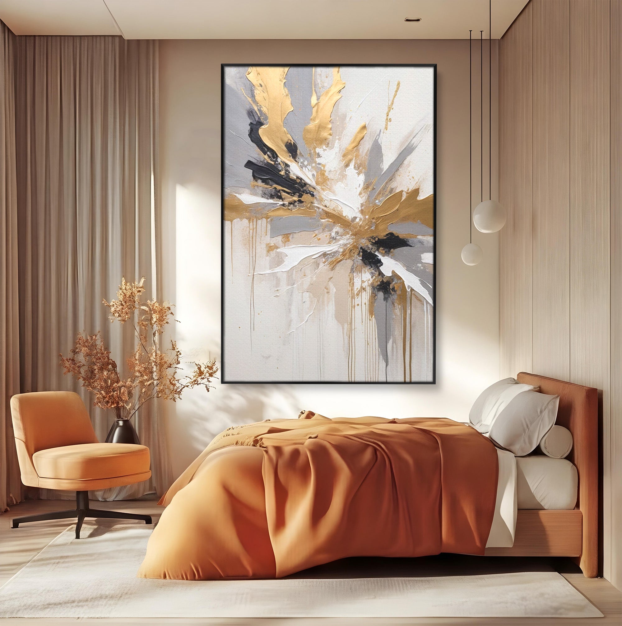 Tablou Canvas Premium LuxCanva® PI1378, Explozie Aurie Abstracta, Gri, Modern, Auriu, Culori Vibrante, Living, Dormitor, Salon