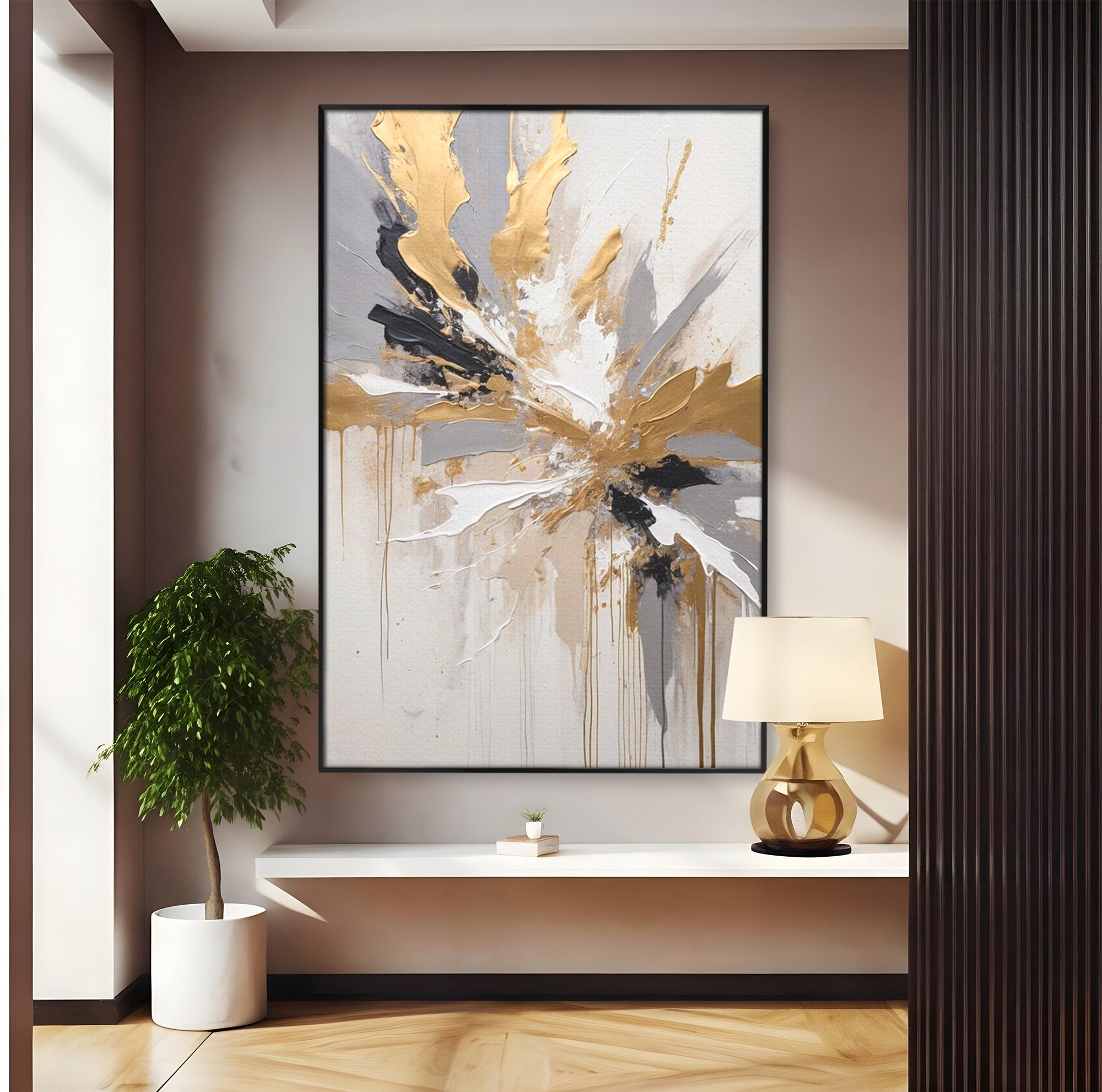 Tablou Canvas Premium LuxCanva® PI1378, Explozie Aurie Abstracta, Gri, Modern, Auriu, Culori Vibrante, Living, Dormitor, Salon