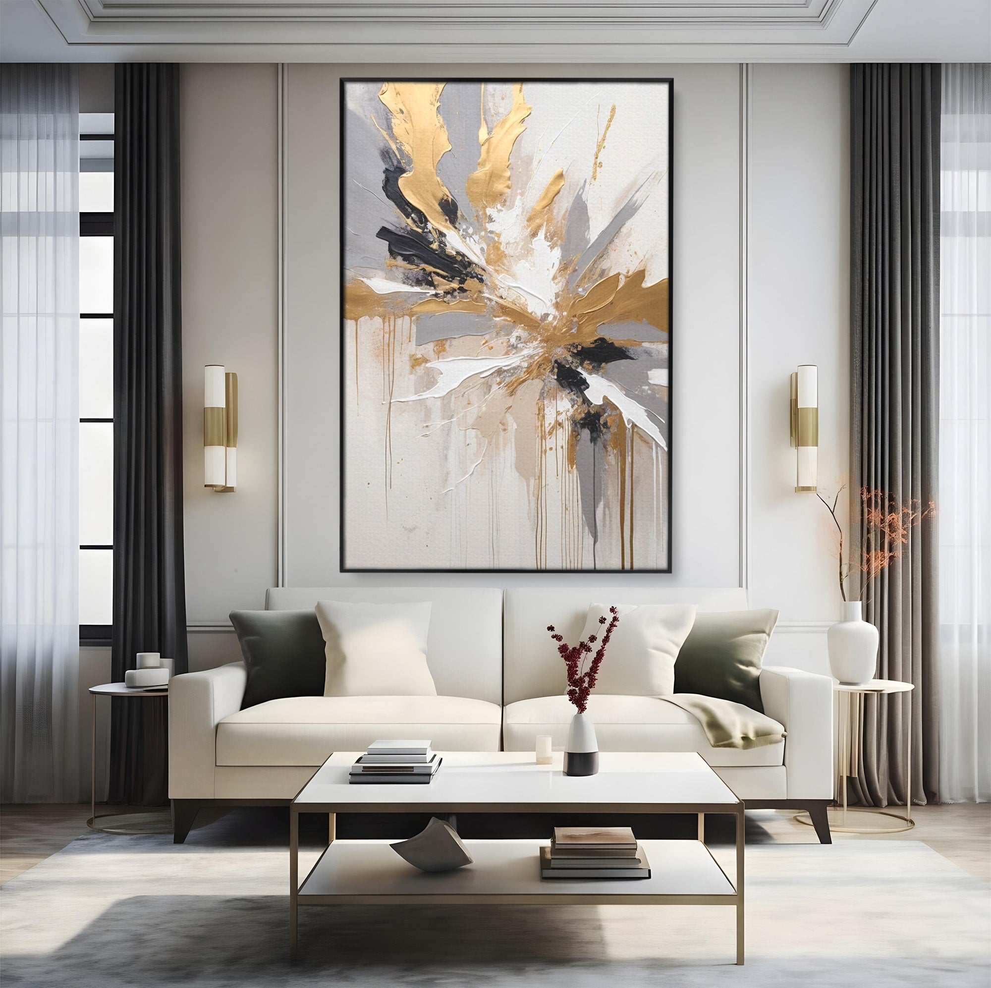 Tablou Canvas Premium LuxCanva® PI1378, Explozie Aurie Abstracta, Gri, Modern, Auriu, Culori Vibrante, Living, Dormitor, Salon