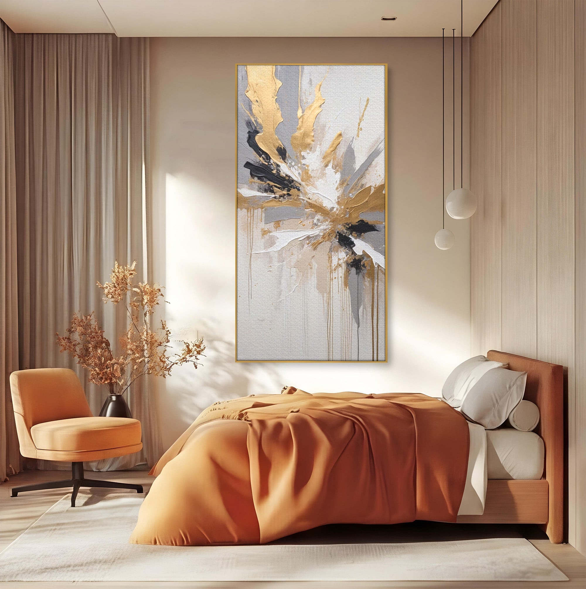 Tablou Canvas Premium LuxCanva® PI1378, Explozie Aurie Abstracta, Gri, Modern, Auriu, Culori Vibrante, Living, Dormitor, Salon