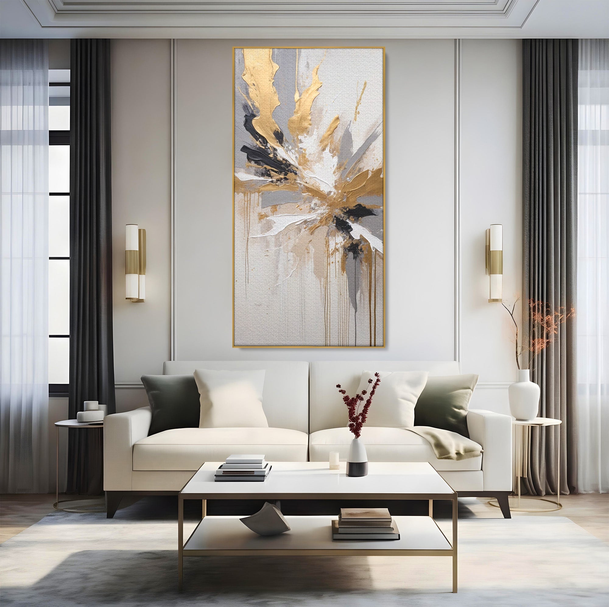 Tablou Canvas Premium LuxCanva® PI1378, Explozie Aurie Abstracta, Gri, Modern, Auriu, Culori Vibrante, Living, Dormitor, Salon