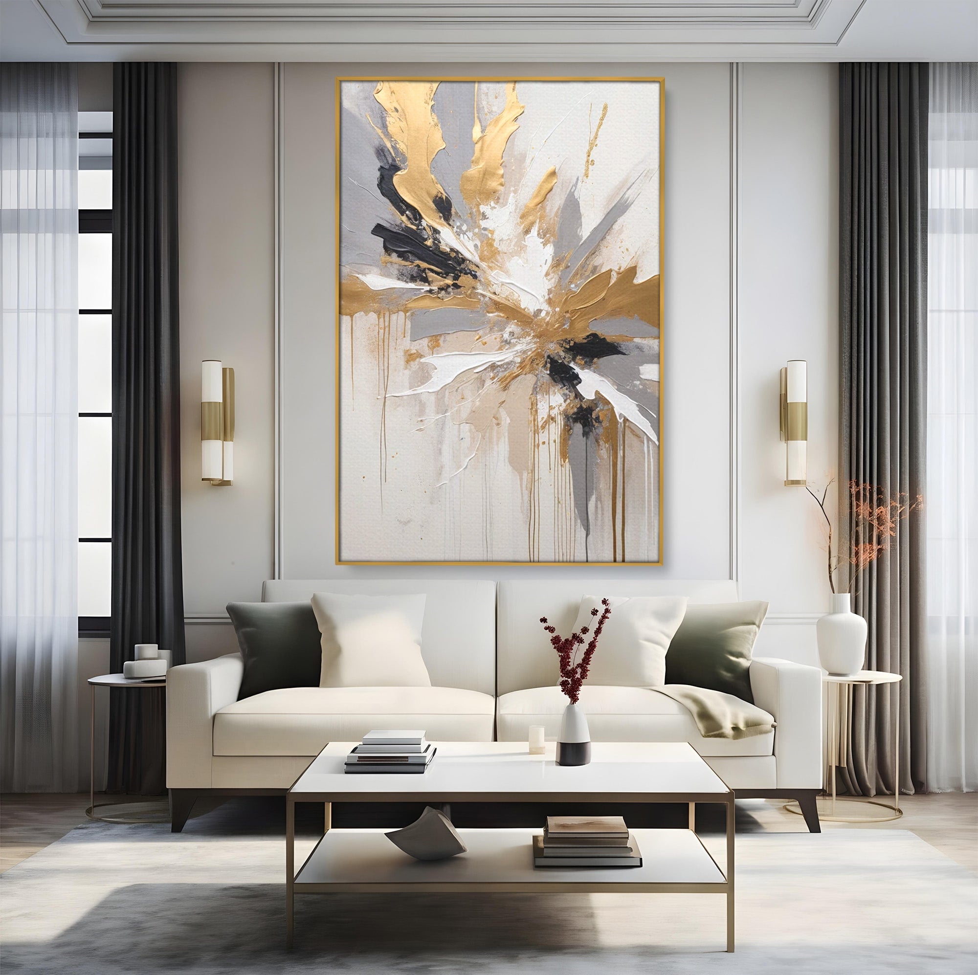 Tablou Canvas Premium LuxCanva® PI1378, Explozie Aurie Abstracta, Gri, Modern, Auriu, Culori Vibrante, Living, Dormitor, Salon