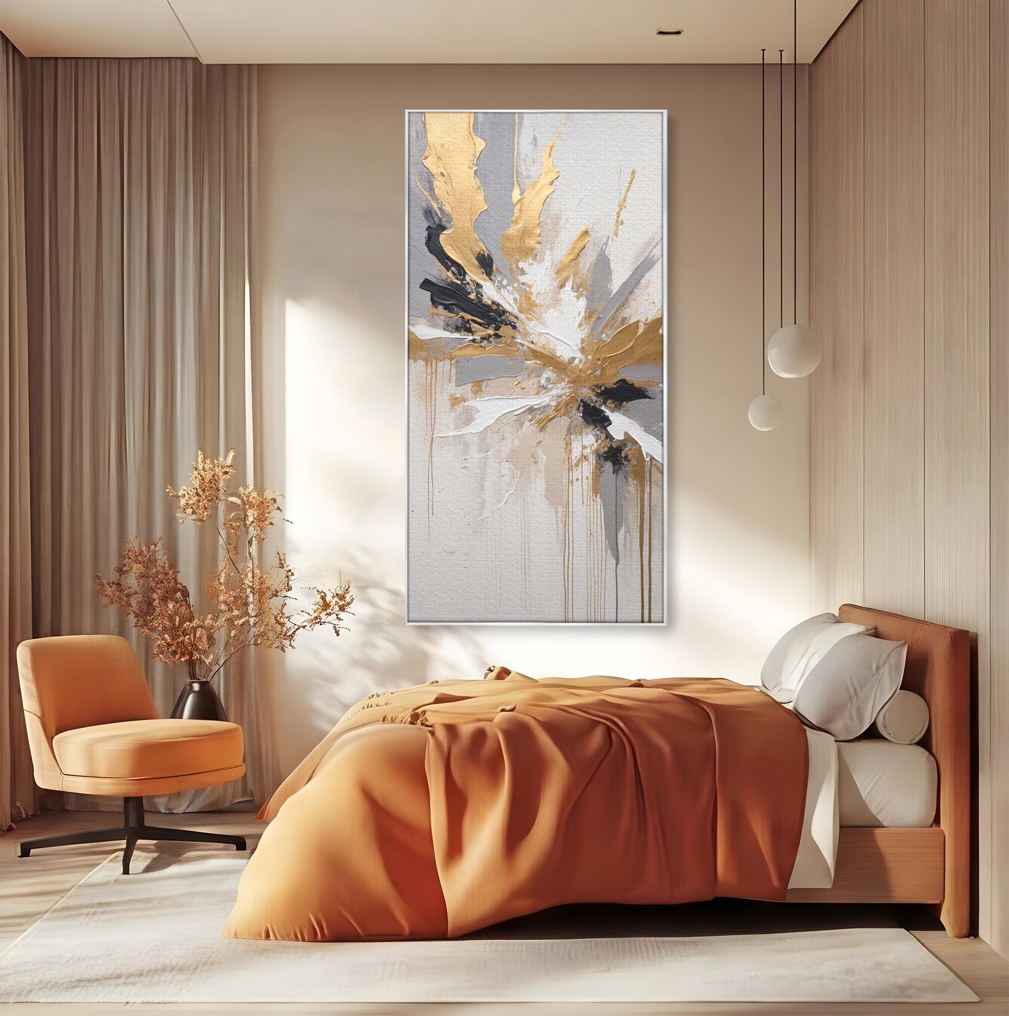 Tablou Canvas Premium LuxCanva® PI1378, Explozie Aurie Abstracta, Gri, Modern, Auriu, Culori Vibrante, Living, Dormitor, Salon