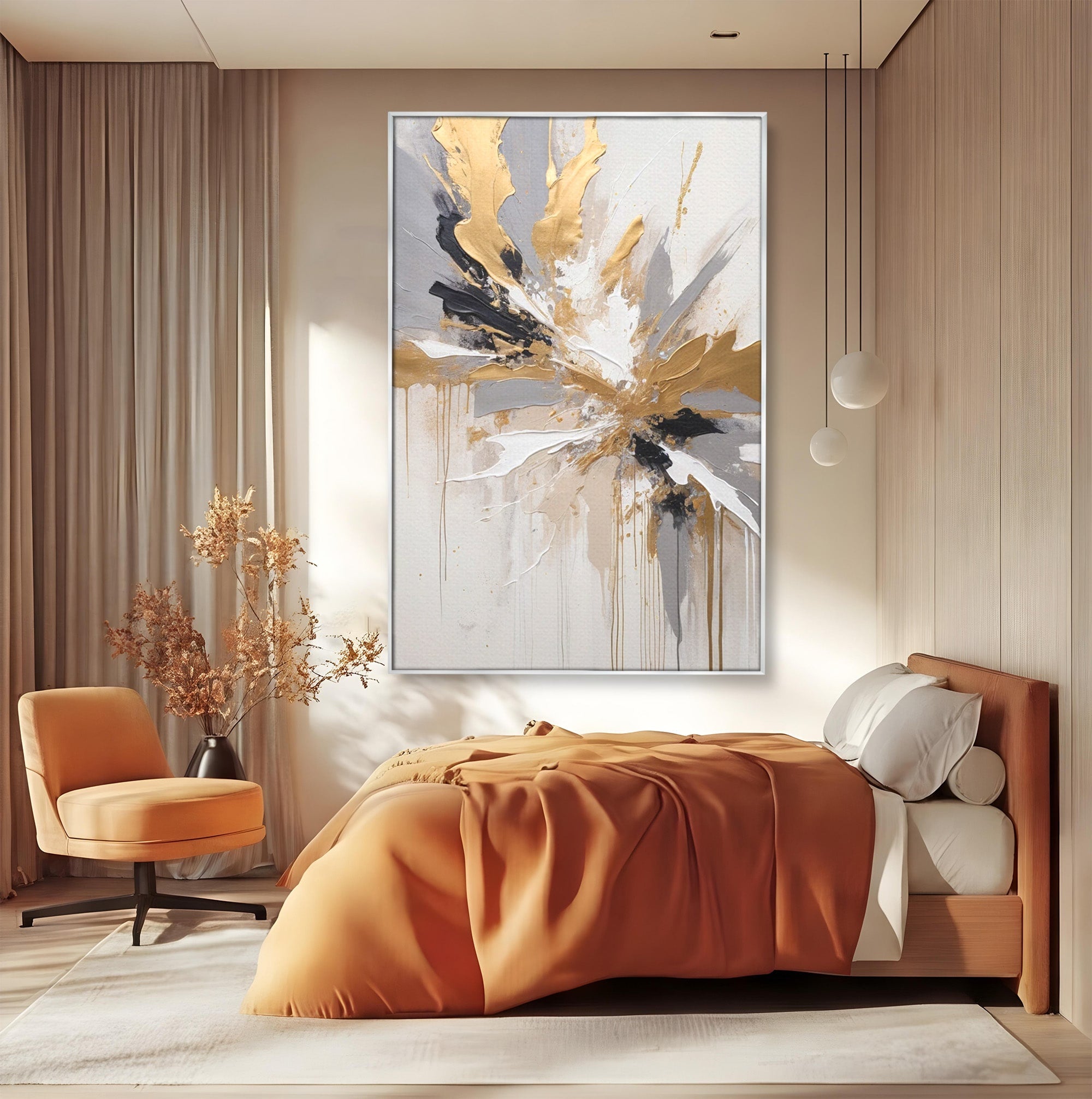 Tablou Canvas Premium LuxCanva® PI1378, Explozie Aurie Abstracta, Gri, Modern, Auriu, Culori Vibrante, Living, Dormitor, Salon