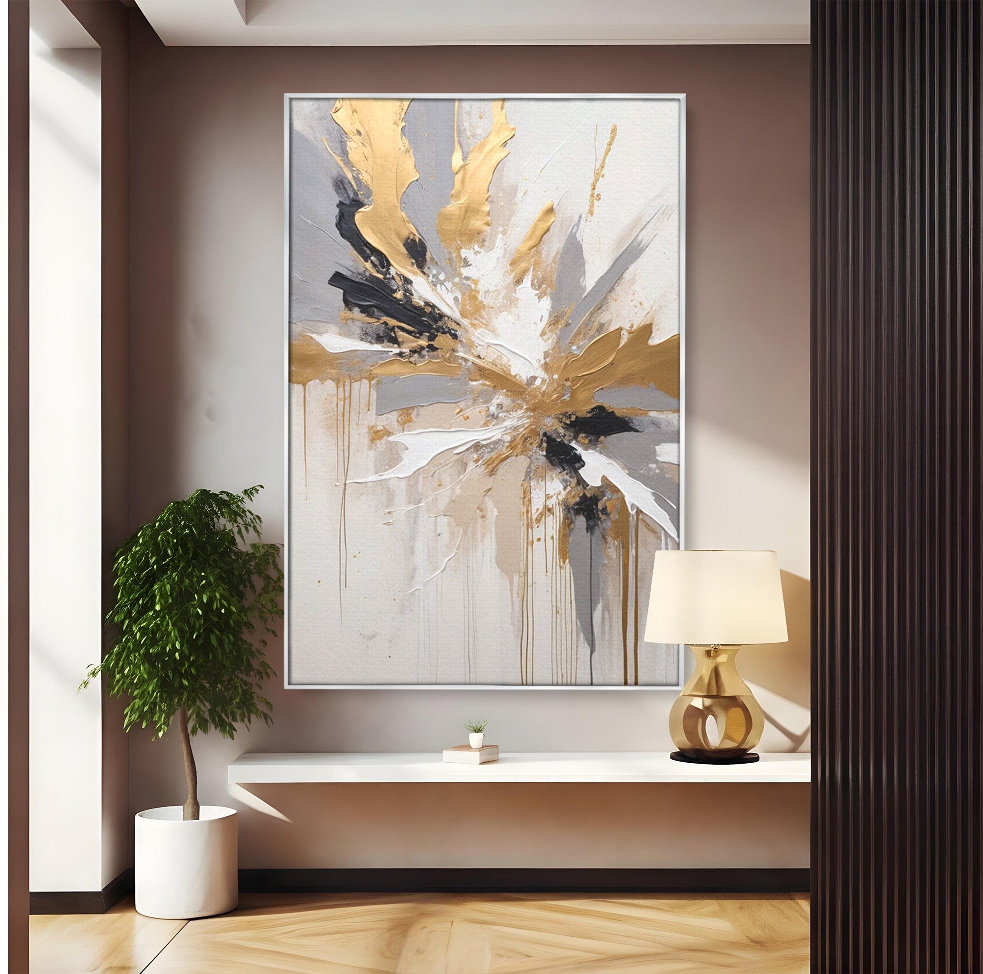 Tablou Canvas Premium LuxCanva® PI1378, Explozie Aurie Abstracta, Gri, Modern, Auriu, Culori Vibrante, Living, Dormitor, Salon