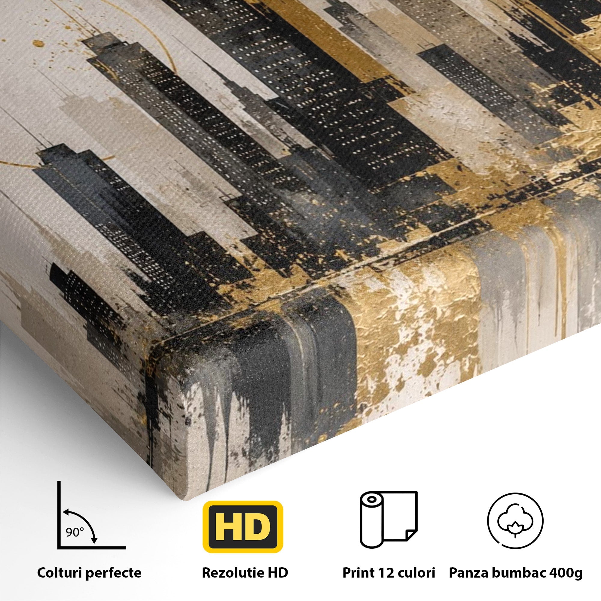 Tablou Canvas Premium LuxCanva® PI1379, Reflexia Orasului In Aur, Oras, Peisaj Urban, Contemporan, Abstract, Culori Vibrante, Living, Dormitor
