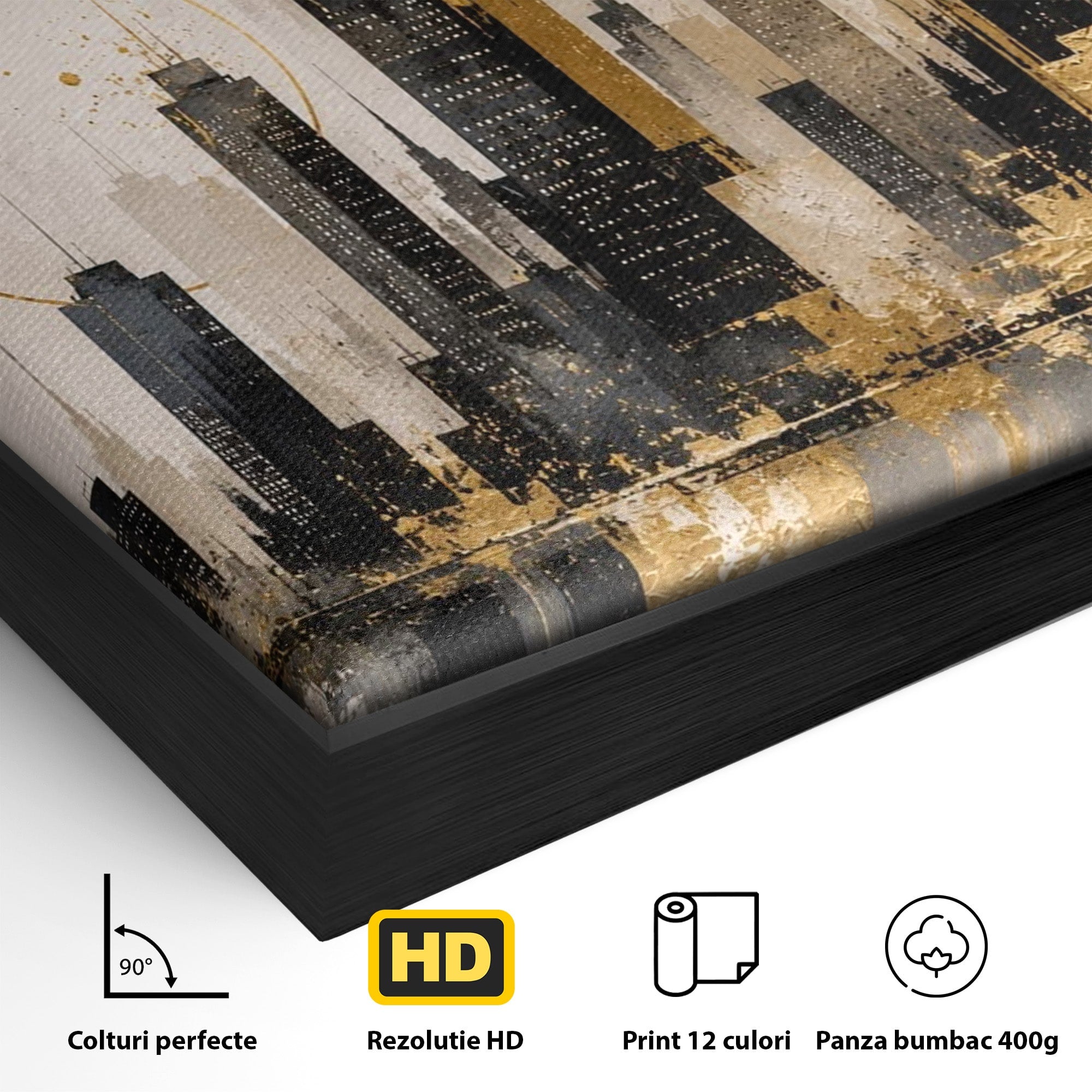 Tablou Canvas Premium LuxCanva® PI1379, Reflexia Orasului In Aur, Oras, Peisaj Urban, Contemporan, Abstract, Culori Vibrante, Living, Dormitor