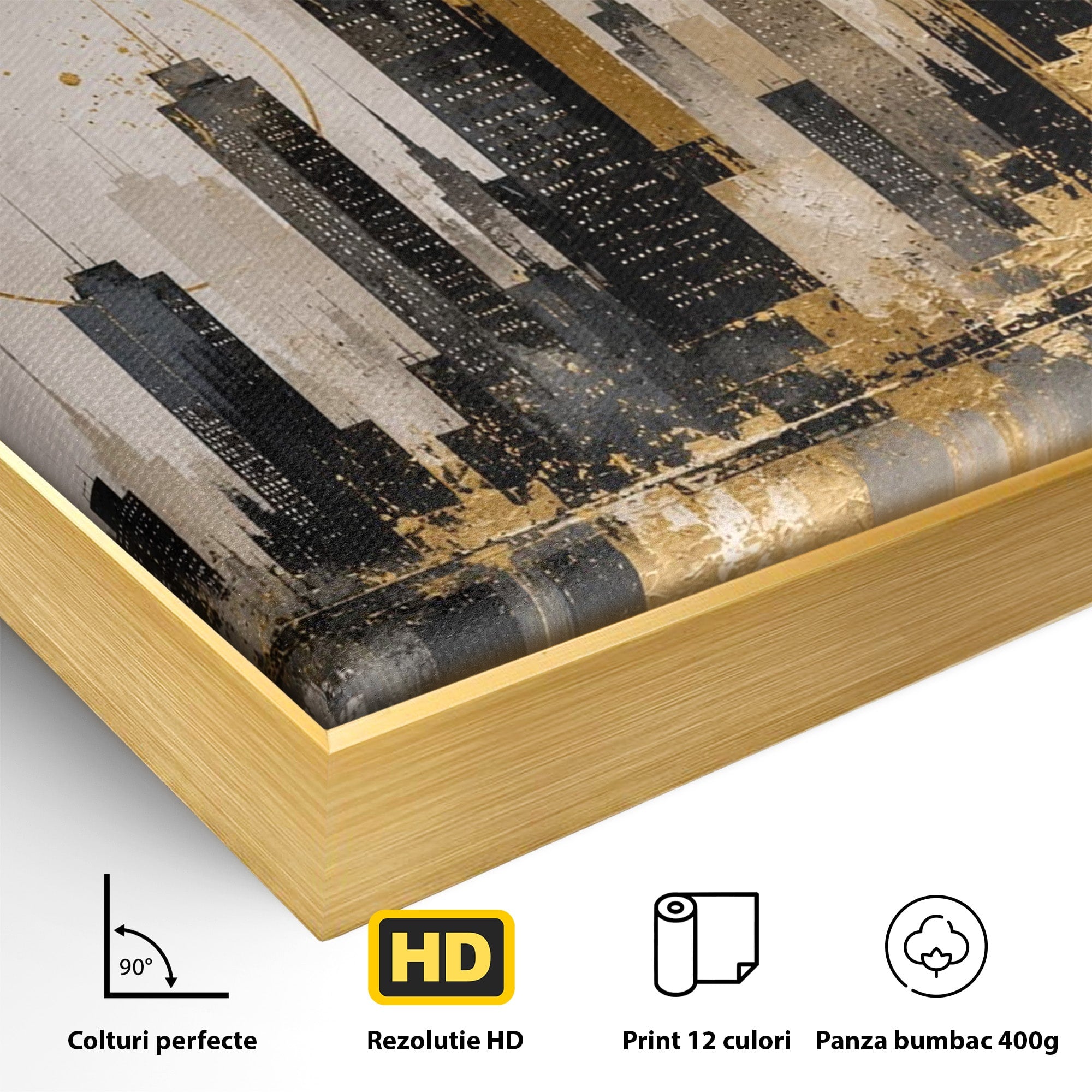 Tablou Canvas Premium LuxCanva® PI1379, Reflexia Orasului In Aur, Oras, Peisaj Urban, Contemporan, Abstract, Culori Vibrante, Living, Dormitor
