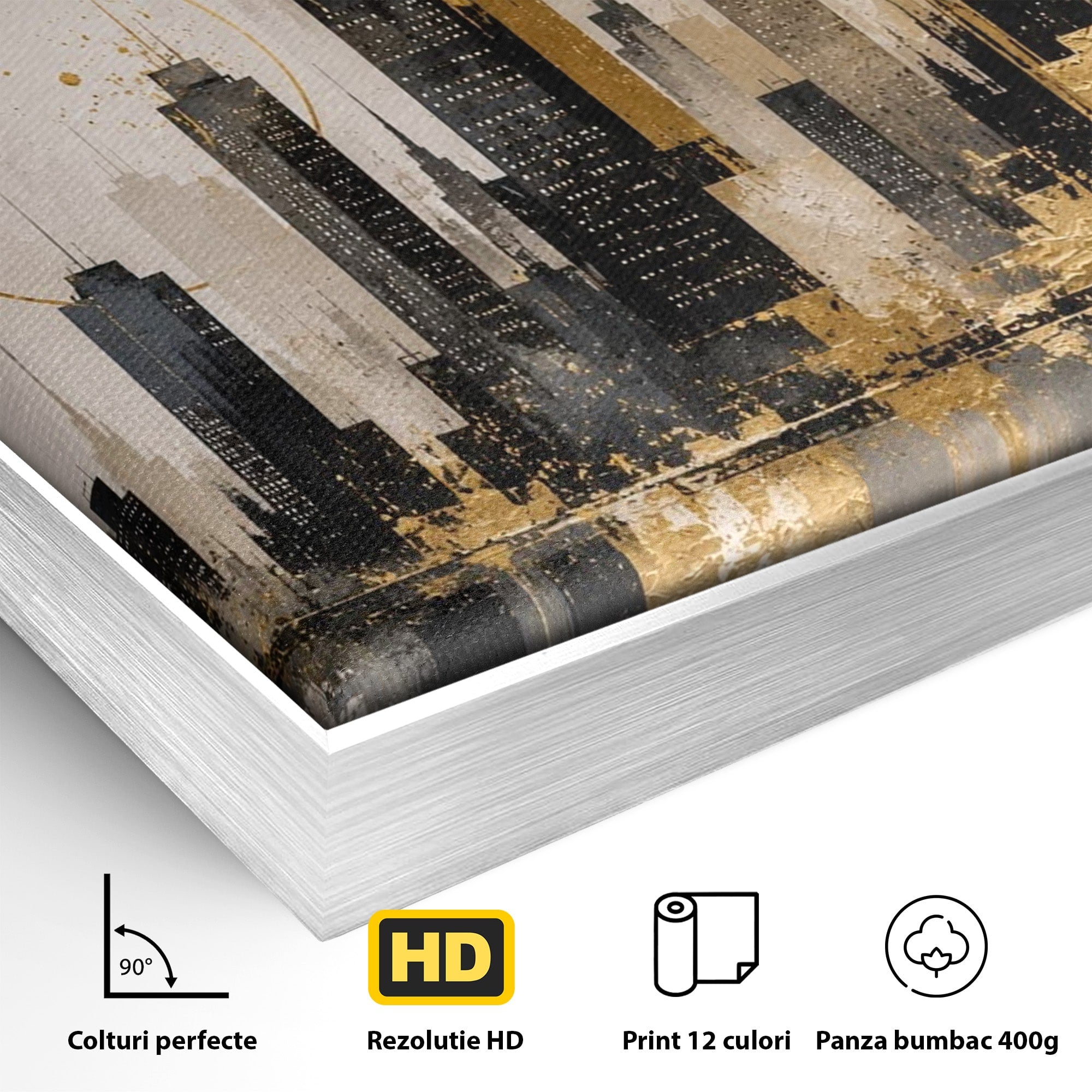 Tablou Canvas Premium LuxCanva® PI1379, Reflexia Orasului In Aur, Oras, Peisaj Urban, Contemporan, Abstract, Culori Vibrante, Living, Dormitor